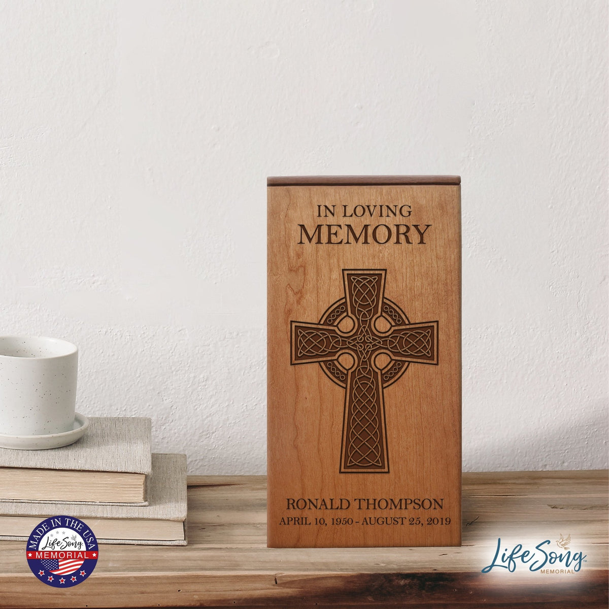 Elegant Wooden Cremation Urn with Engraved Cross