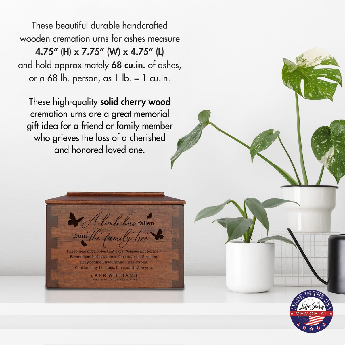 Custom-Engraved Memorial Cremation Small Dovetail Urn For Human Ashes - A Limb Has fallen - LifeSong Milestones