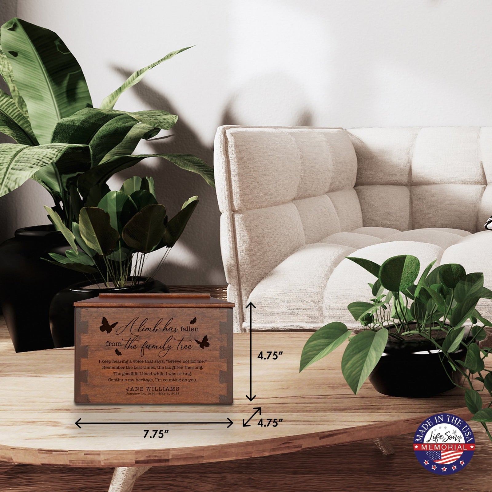 Custom-Engraved Memorial Cremation Small Dovetail Urn For Human Ashes - A Limb Has fallen - LifeSong Milestones