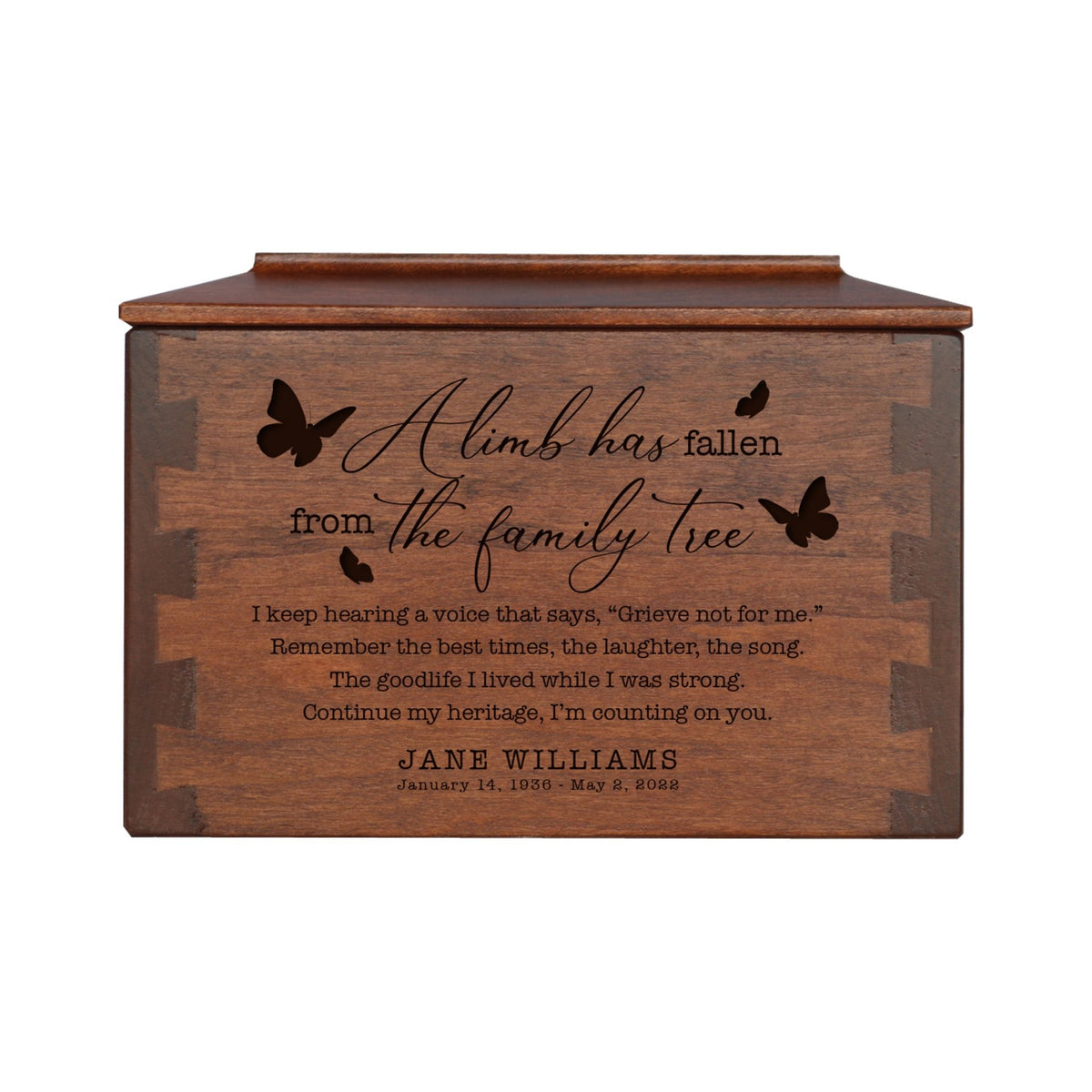 Custom-Engraved Memorial Cremation Small Dovetail Urn For Human Ashes - A Limb Has fallen - LifeSong Milestones
