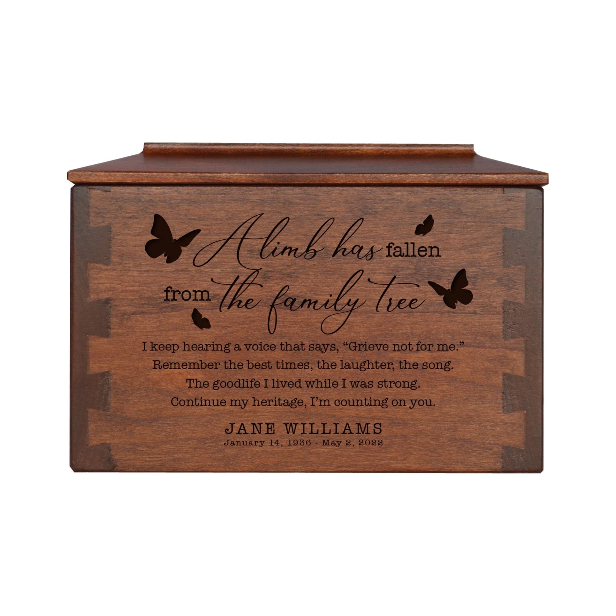 Custom-Engraved Memorial Cremation Small Dovetail Urn For Human Ashes - A Limb Has fallen - LifeSong Milestones