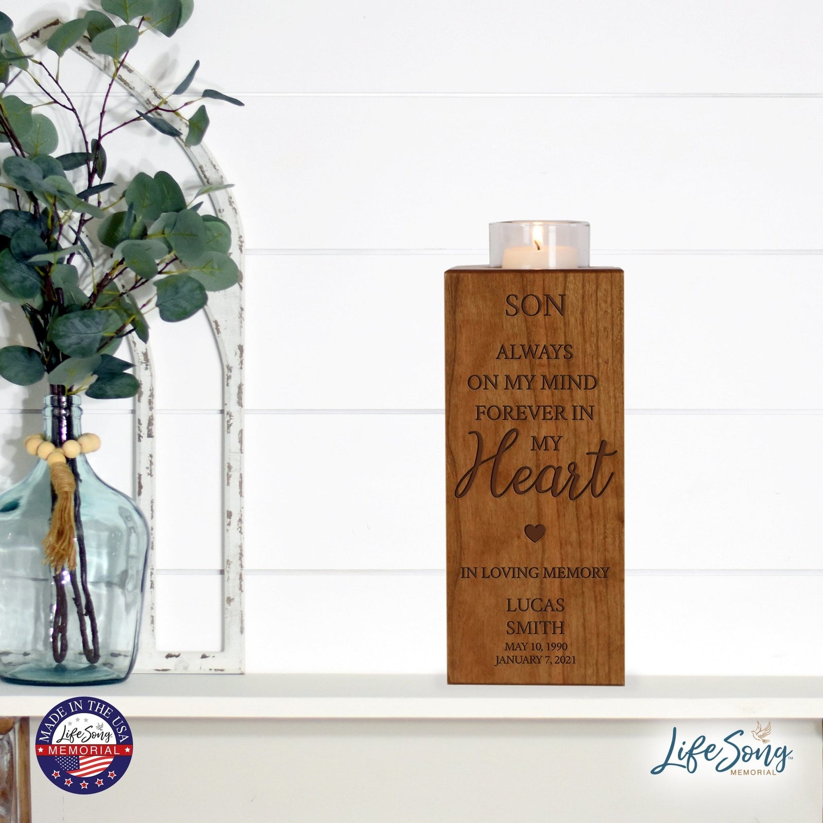 Custom Engraved Memorial Cremation Urn Box and Single Votive Candle Holder