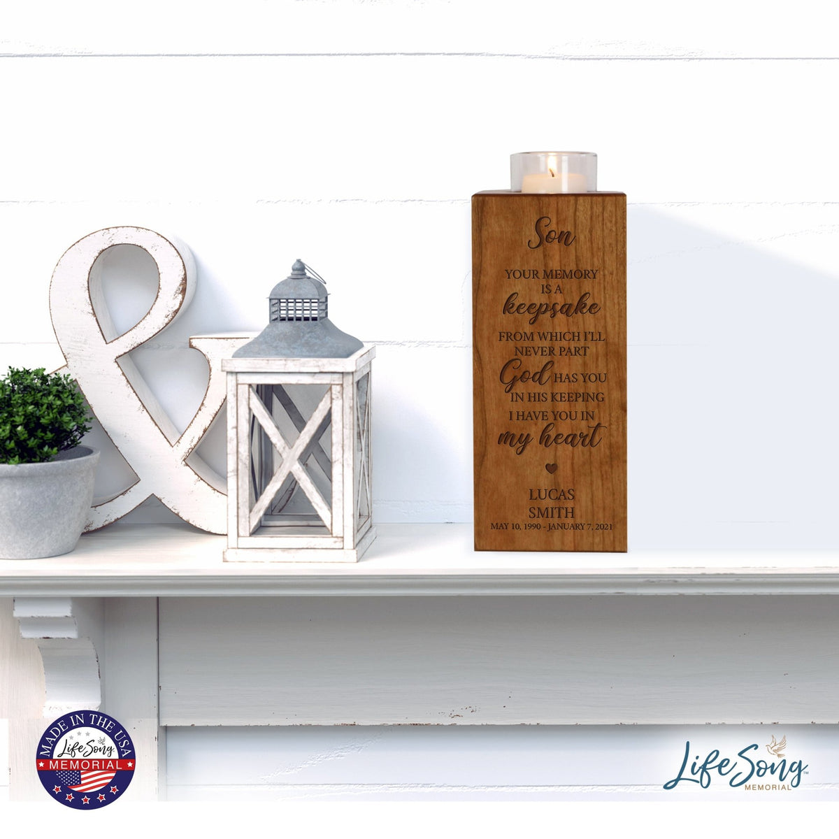 Custom Engraved Memorial Cremation Urn Box and Single Votive Candle Holder holds 70 cu in of ashes - Your Memory Is A Keepsake - LifeSong Milestones