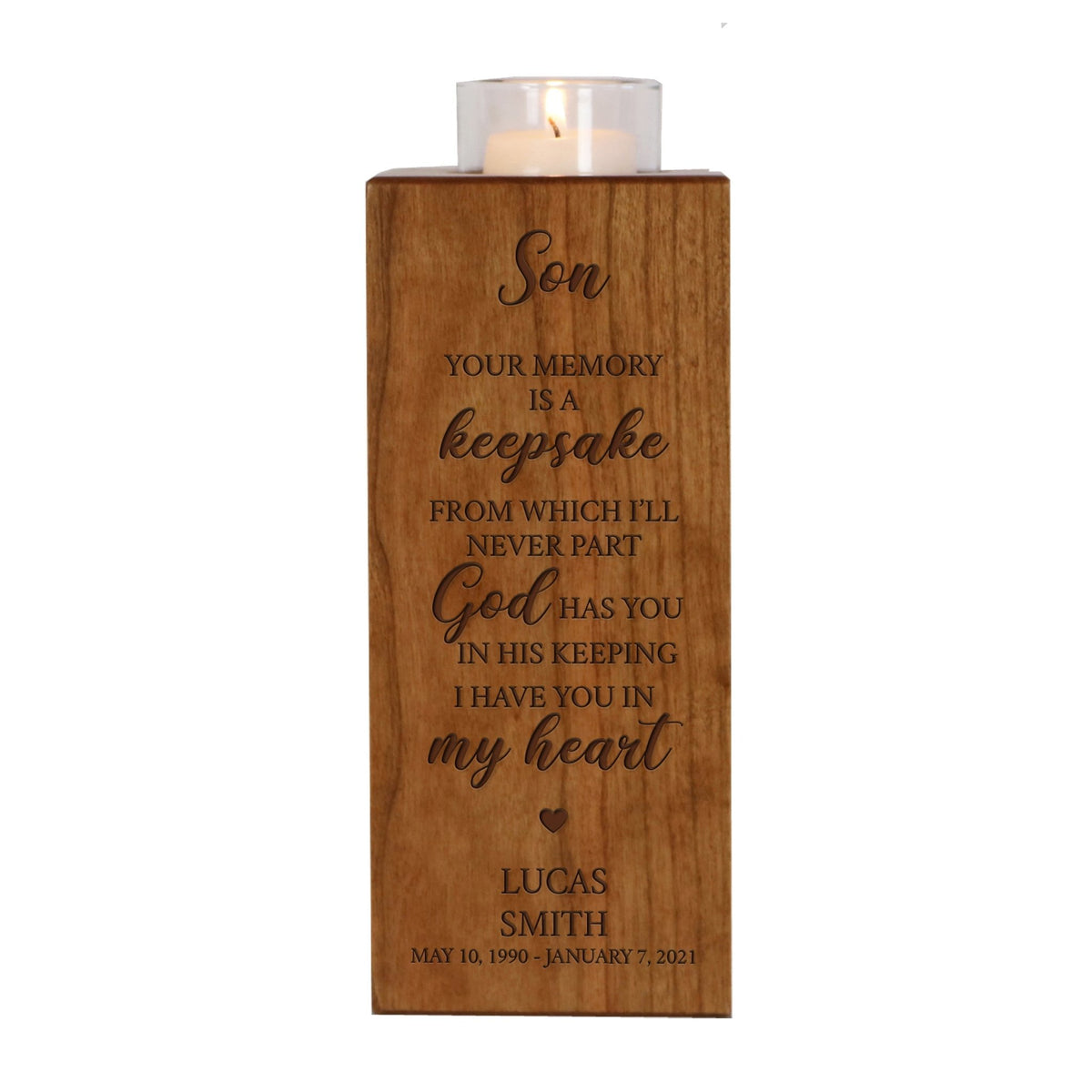 Custom Engraved Memorial Cremation Urn Box and Single Votive Candle Holder holds 70 cu in of ashes - Your Memory Is A Keepsake - LifeSong Milestones
