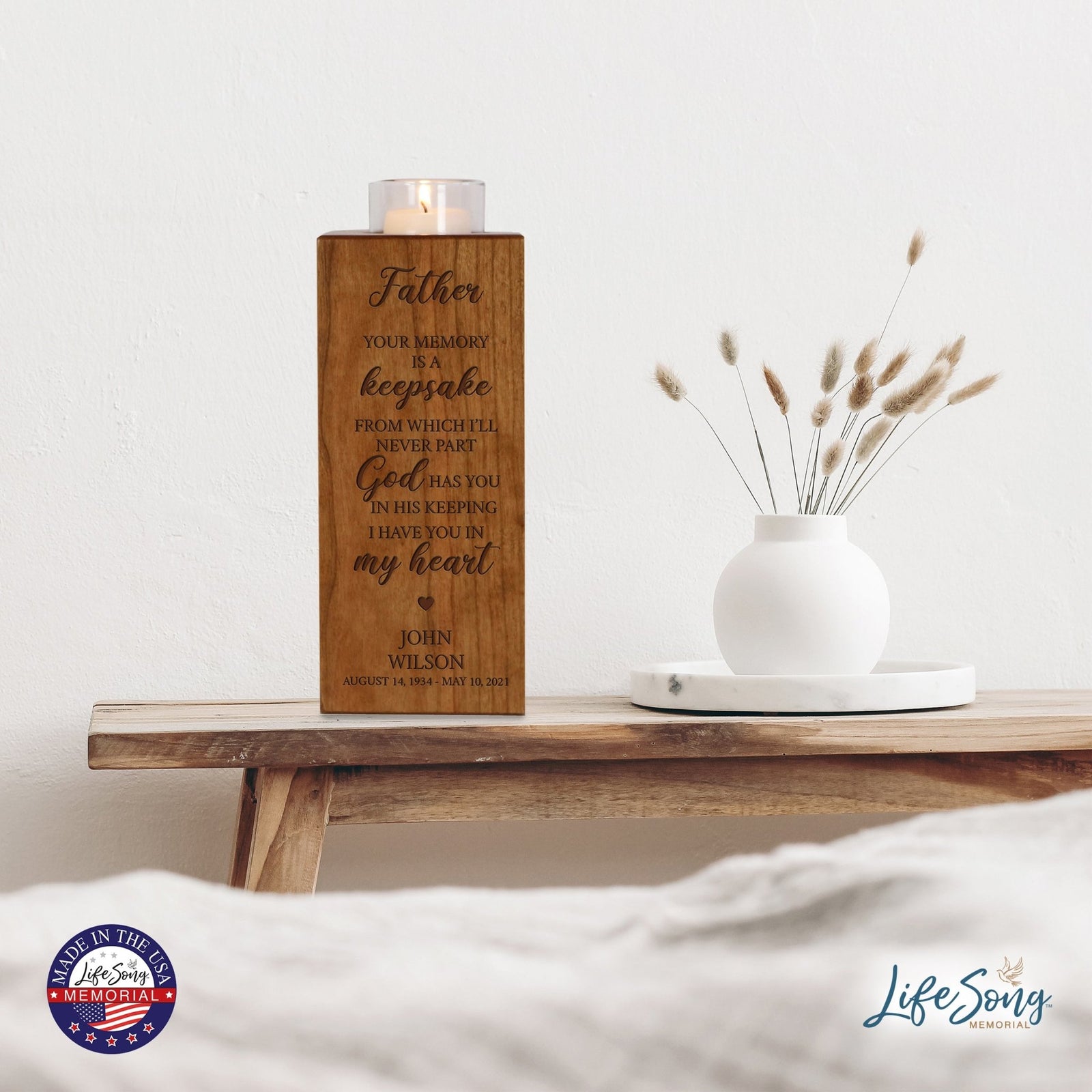 Custom Engraved Memorial Cremation Urn Box and Single Votive Candle Holder holds 70 cu in of ashes - Your Memory Is A Keepsake - LifeSong Milestones