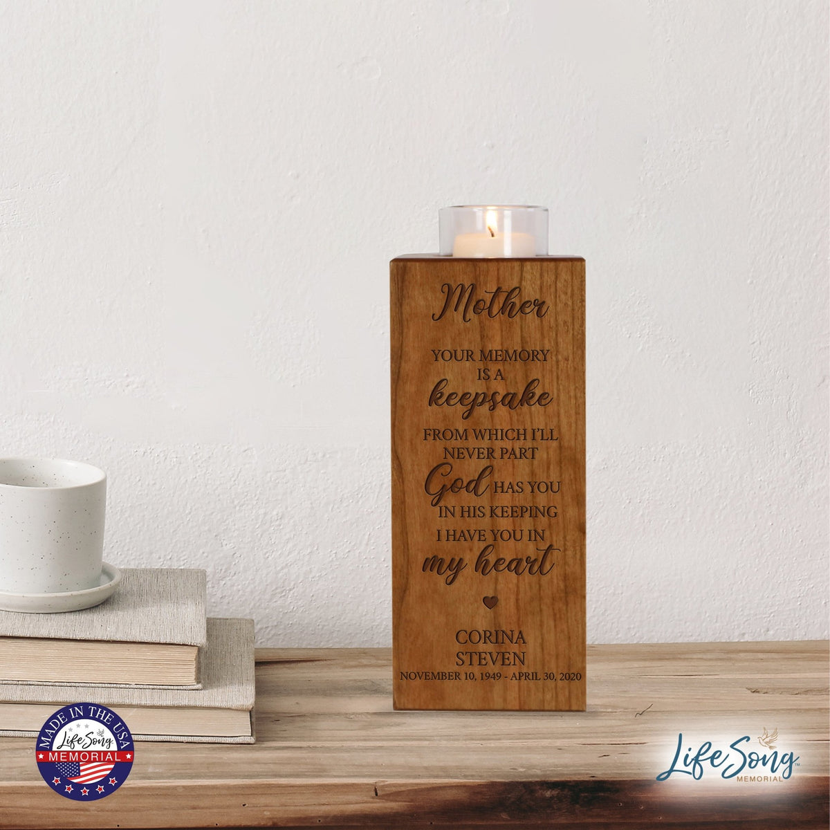 Custom Engraved Memorial Cremation Urn Box and Single Votive Candle Holder holds 70 cu in of ashes - Your Memory Is A Keepsake - LifeSong Milestones