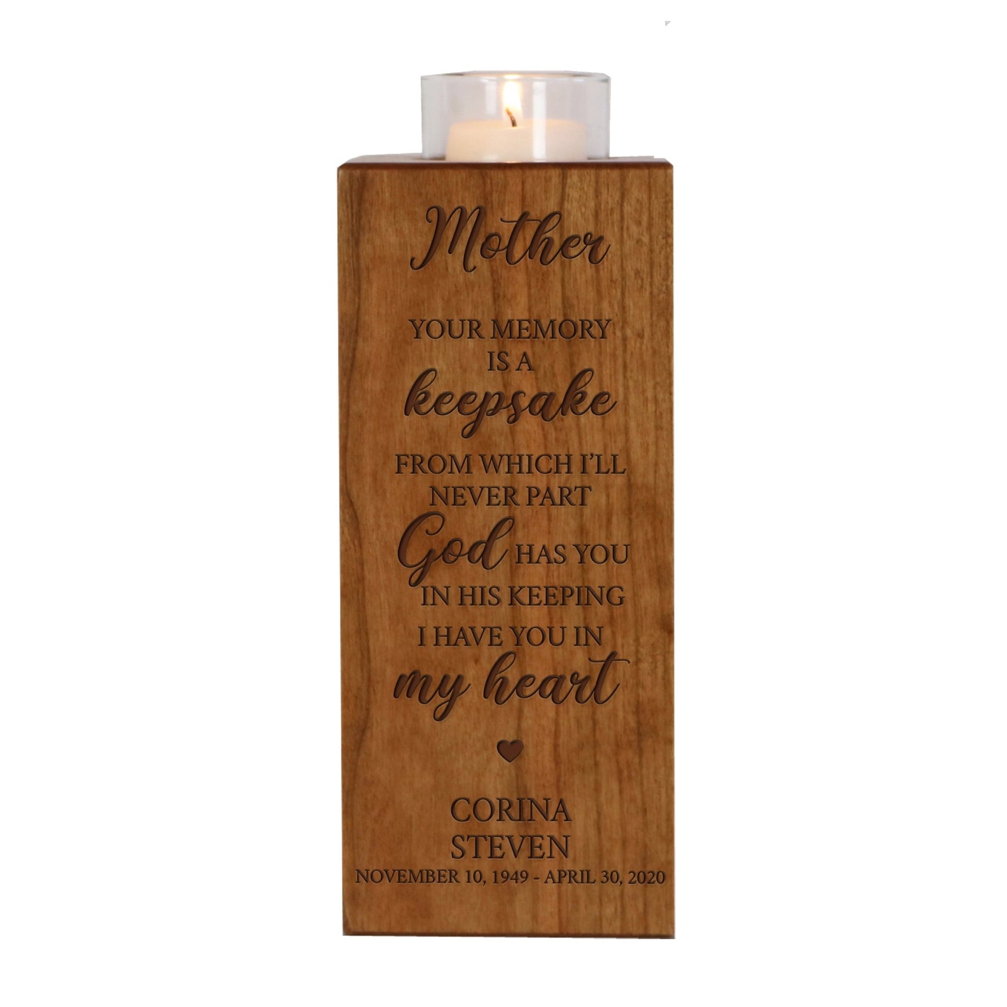 Custom Engraved Memorial Cremation Urn Box and Single Votive Candle Holder holds 70 cu in of ashes - Your Memory Is A Keepsake - LifeSong Milestones