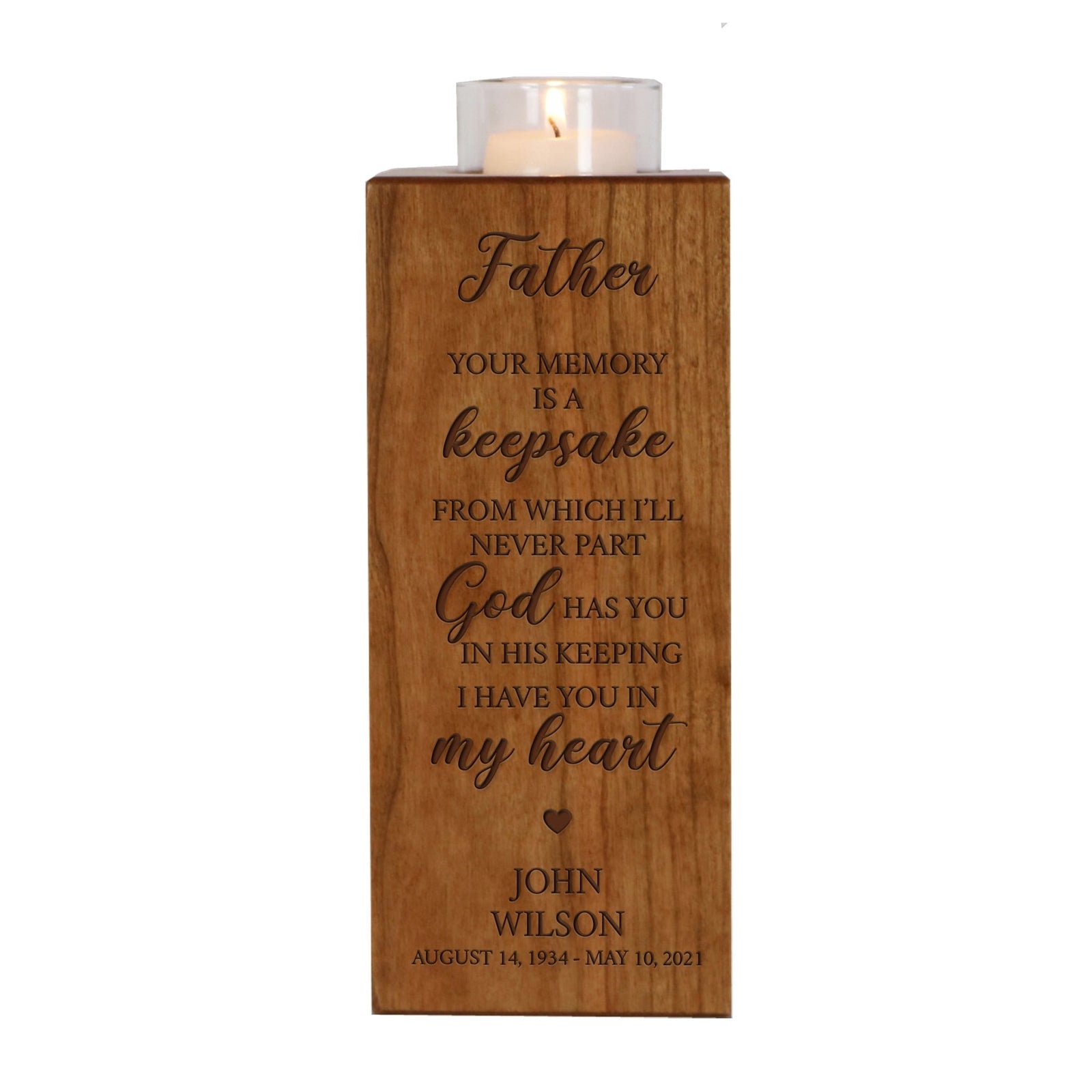 Custom Engraved Memorial Cremation Urn Box and Single Votive Candle Holder holds 70 cu in of ashes - Your Memory Is A Keepsake - LifeSong Milestones
