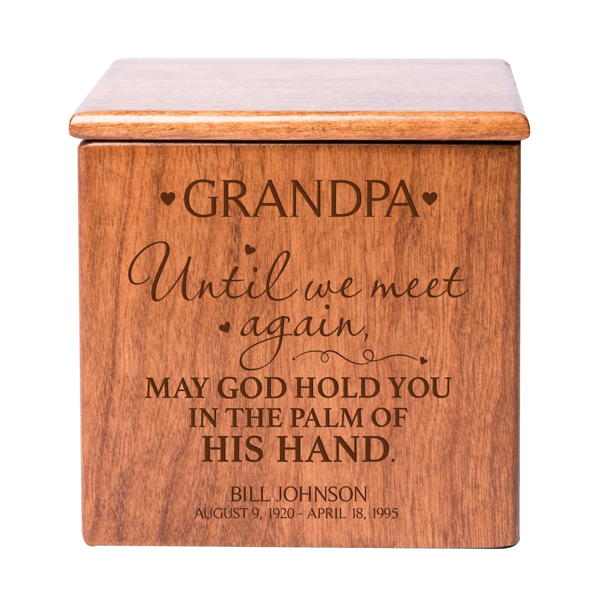 Custom Engraved Memorial Cremation Urn Box Holds 49 Cu Inches Of Human Ashes (It Broke Our Hearts Grandpa) Funeral and Condolence Keepsake - LifeSong Milestones