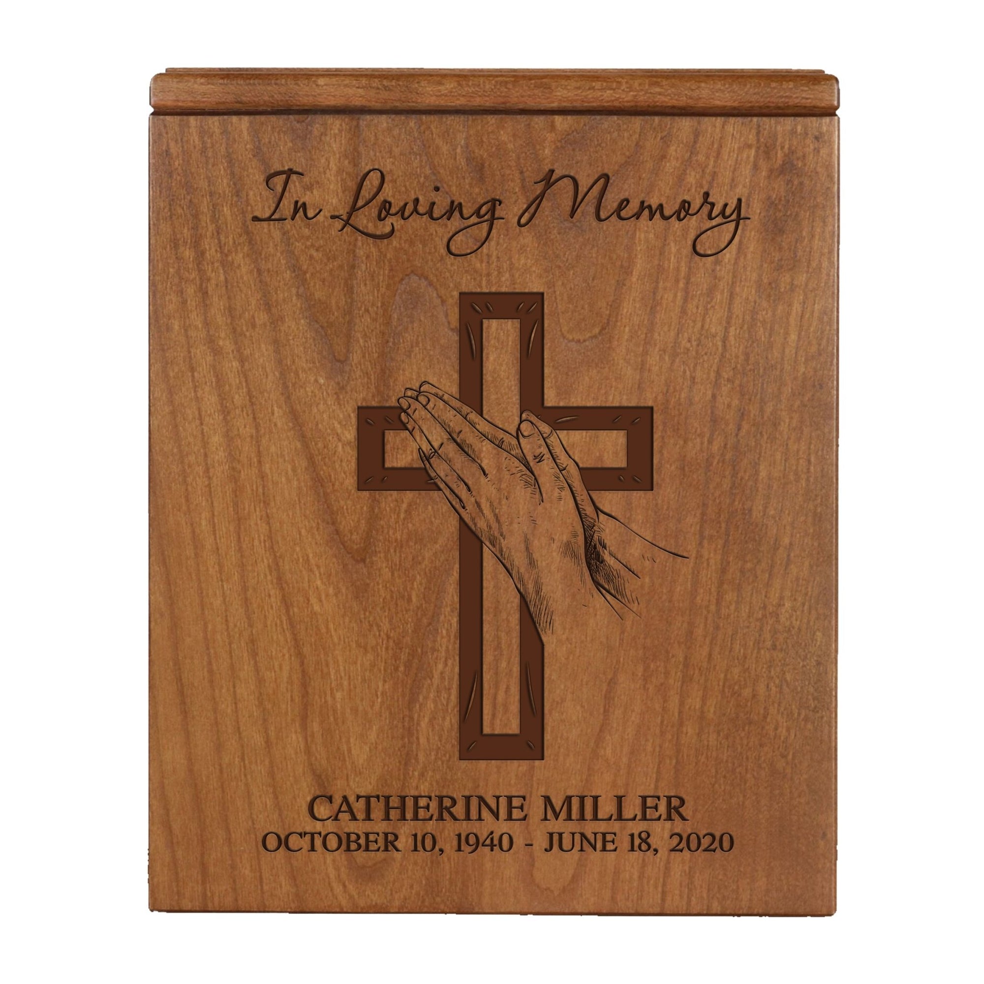 Custom Engraved Memorial Economy Cremation Urn Box Holds 280 Cu Inches Of Human Ashes In Loving Memory (Hand On Cross) - LifeSong Milestones
