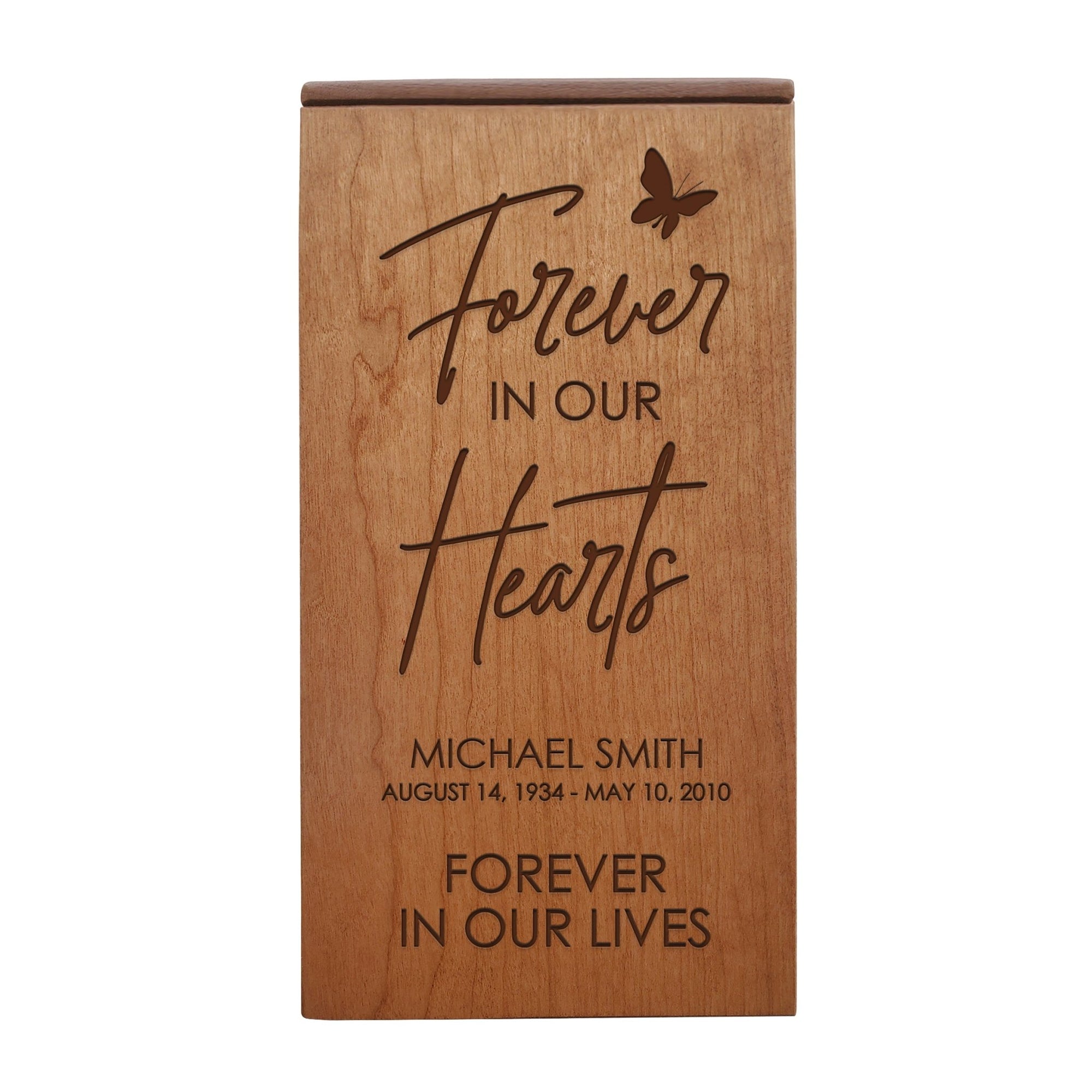 Custom Engraved Memorial Keepsake Urn Box holds 100 cu in of Ashes Forever In Our Hearts - LifeSong Milestones