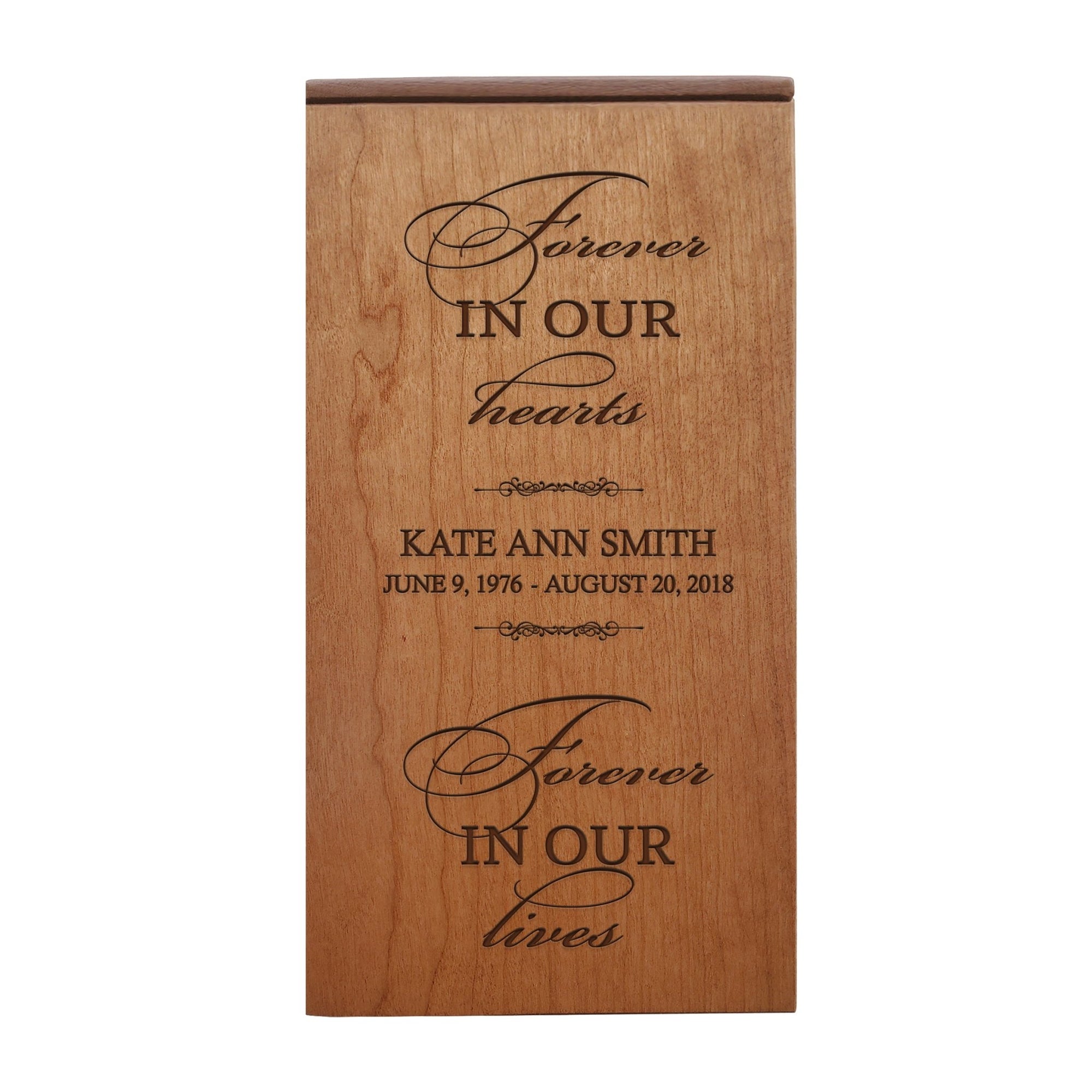 Custom Engraved Memorial Keepsake Urn Box holds 100 cu in of Ashes Forever In Our Hearts - LifeSong Milestones