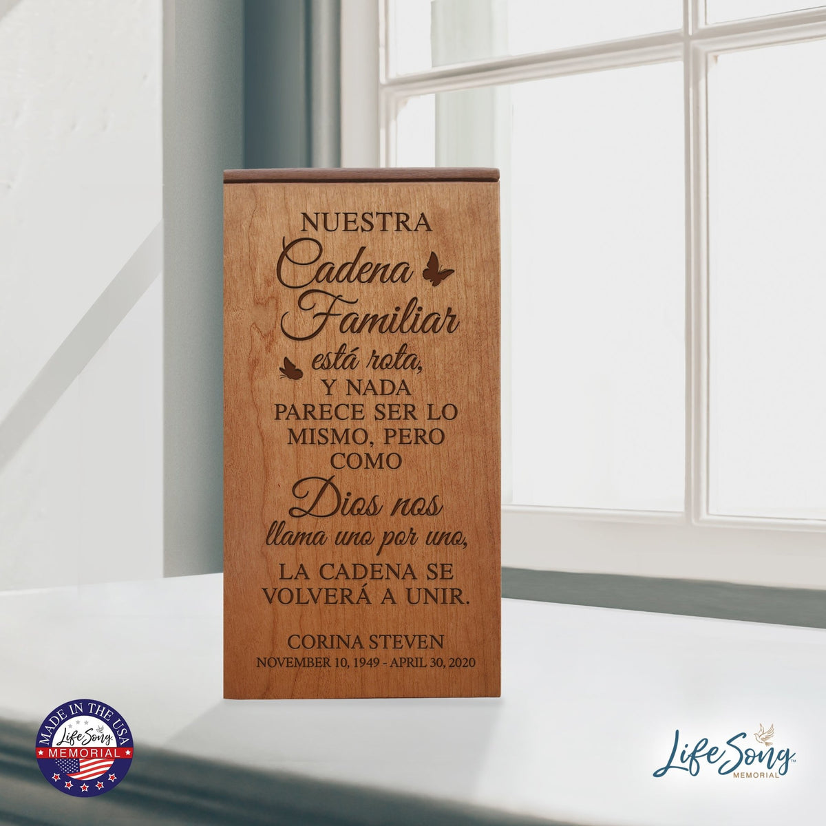 Custom Engraved Memorial Keepsake Urn Box holds 100 cu in of Ashes in Spanish Verse Our Family Chain - LifeSong Milestones