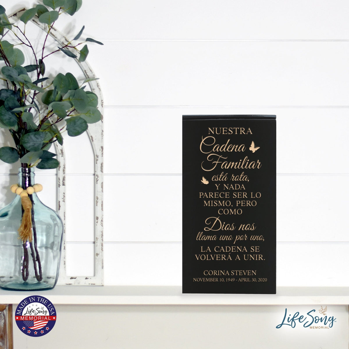 Custom Engraved Memorial Keepsake Urn Box holds 100 cu in of Ashes in Spanish Verse Our Family Chain - LifeSong Milestones