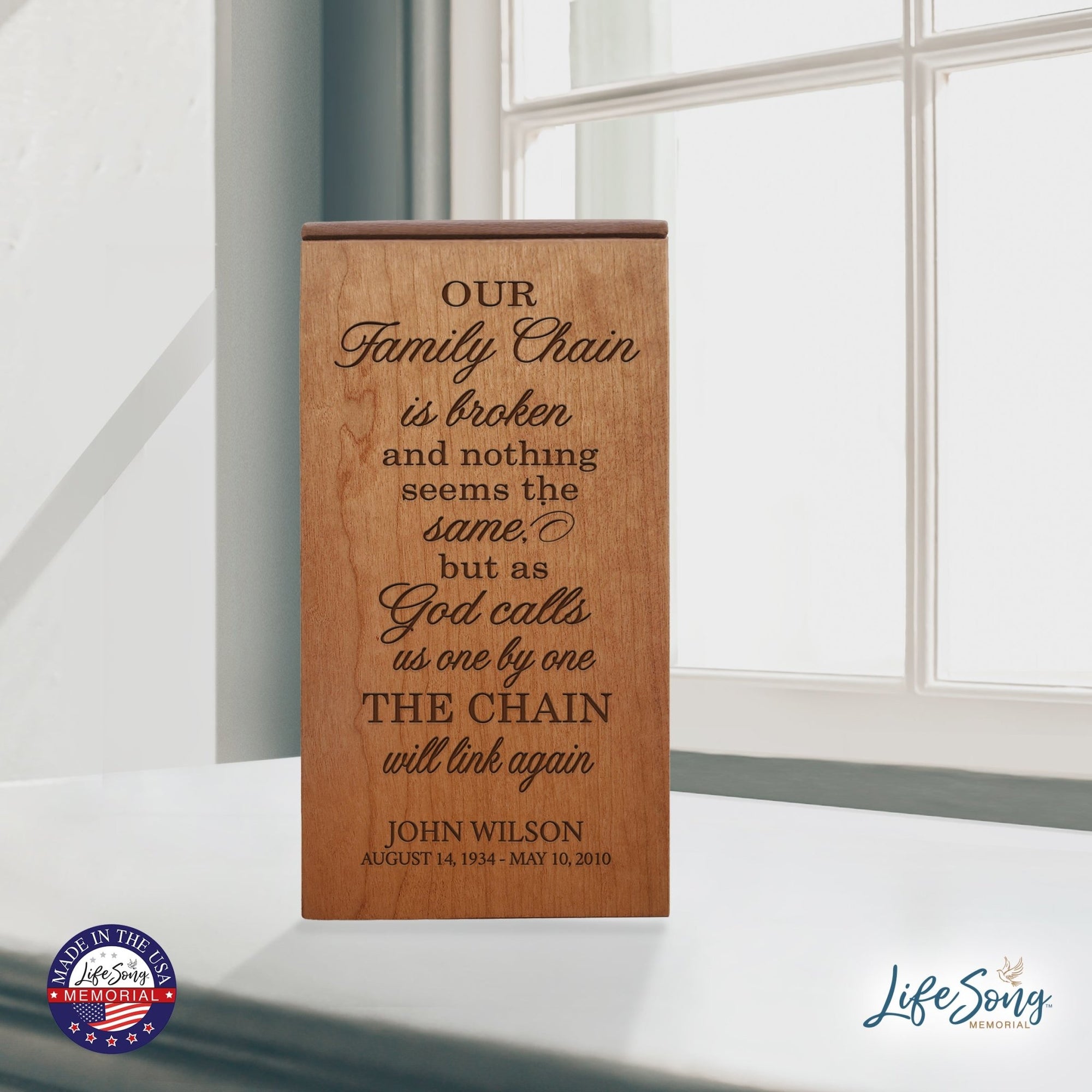 Custom Engraved Memorial Keepsake Urn Box holds 100 cu in of Ashes Our Family Chain - LifeSong Milestones