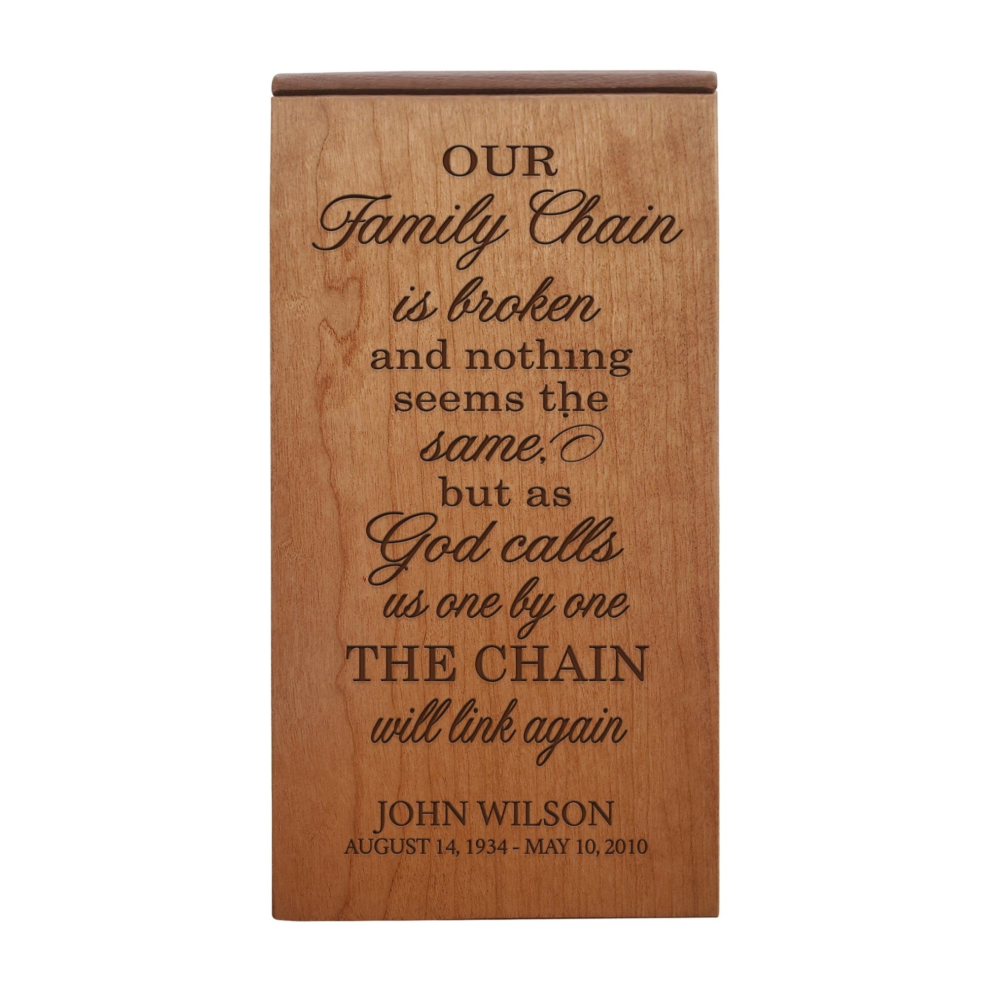 Custom Engraved Memorial Keepsake Urn Box holds 100 cu in of Ashes Our Family Chain - LifeSong Milestones