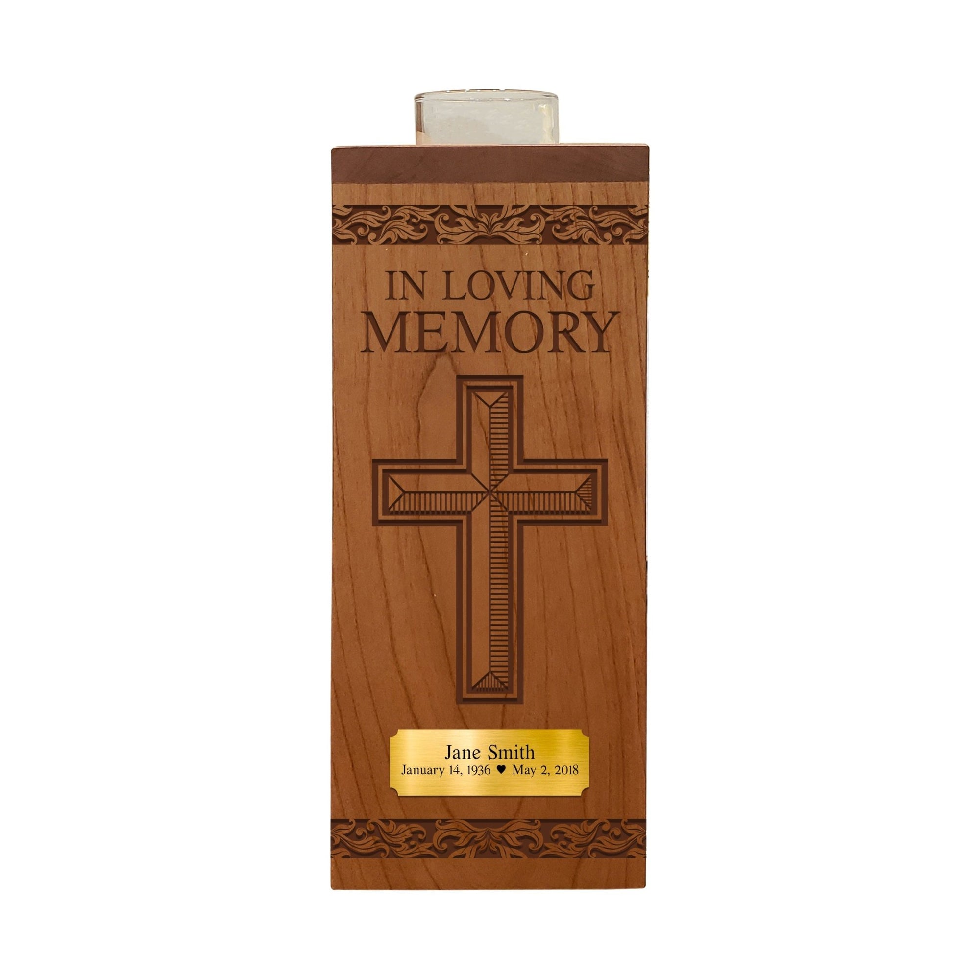 Custom Engraved Memorial Solid Cherry Tealight Candle Holder In Loving Memory Cross - LifeSong Milestones