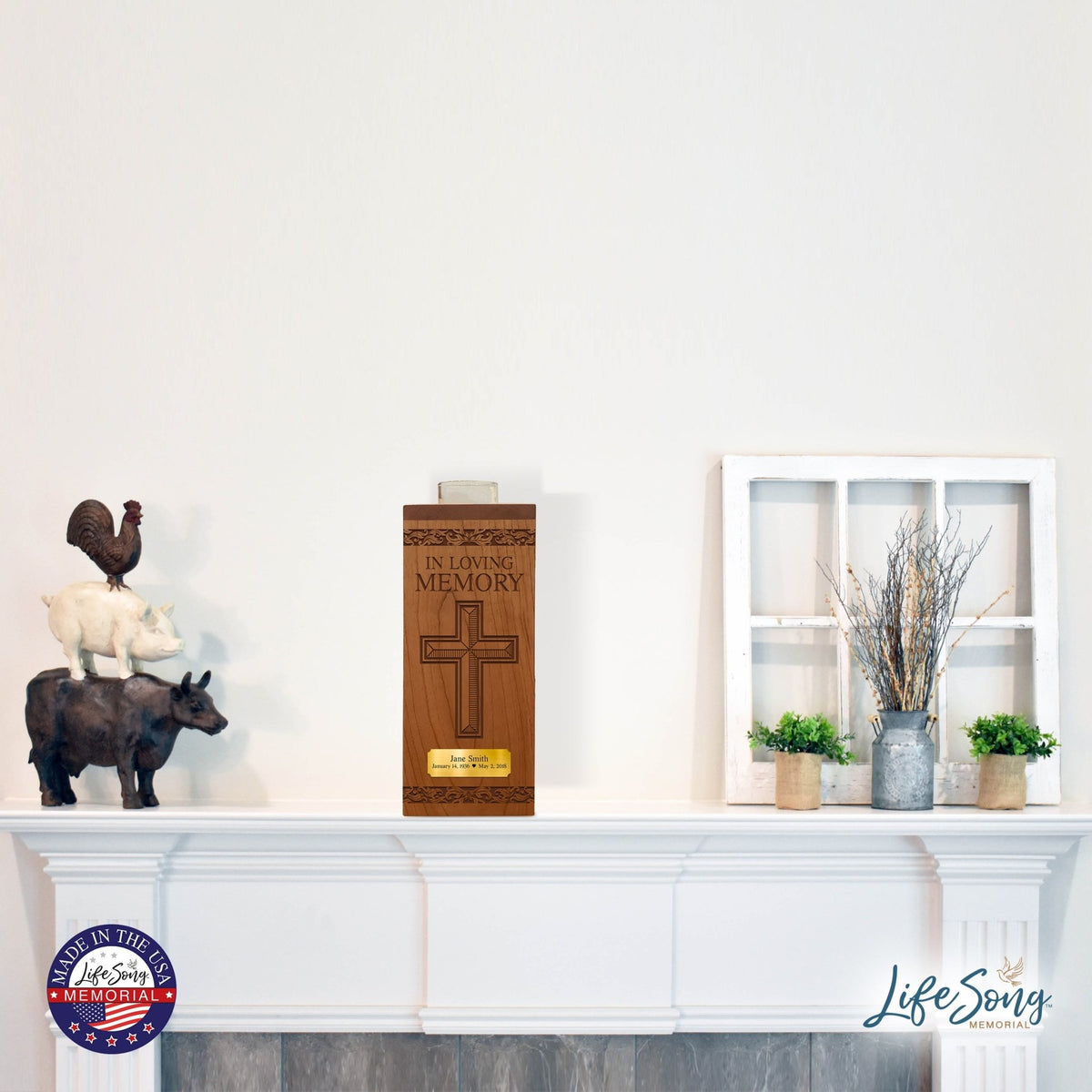 Custom Engraved Memorial Solid Cherry Tealight Candle Holder In Loving Memory Cross - LifeSong Milestones