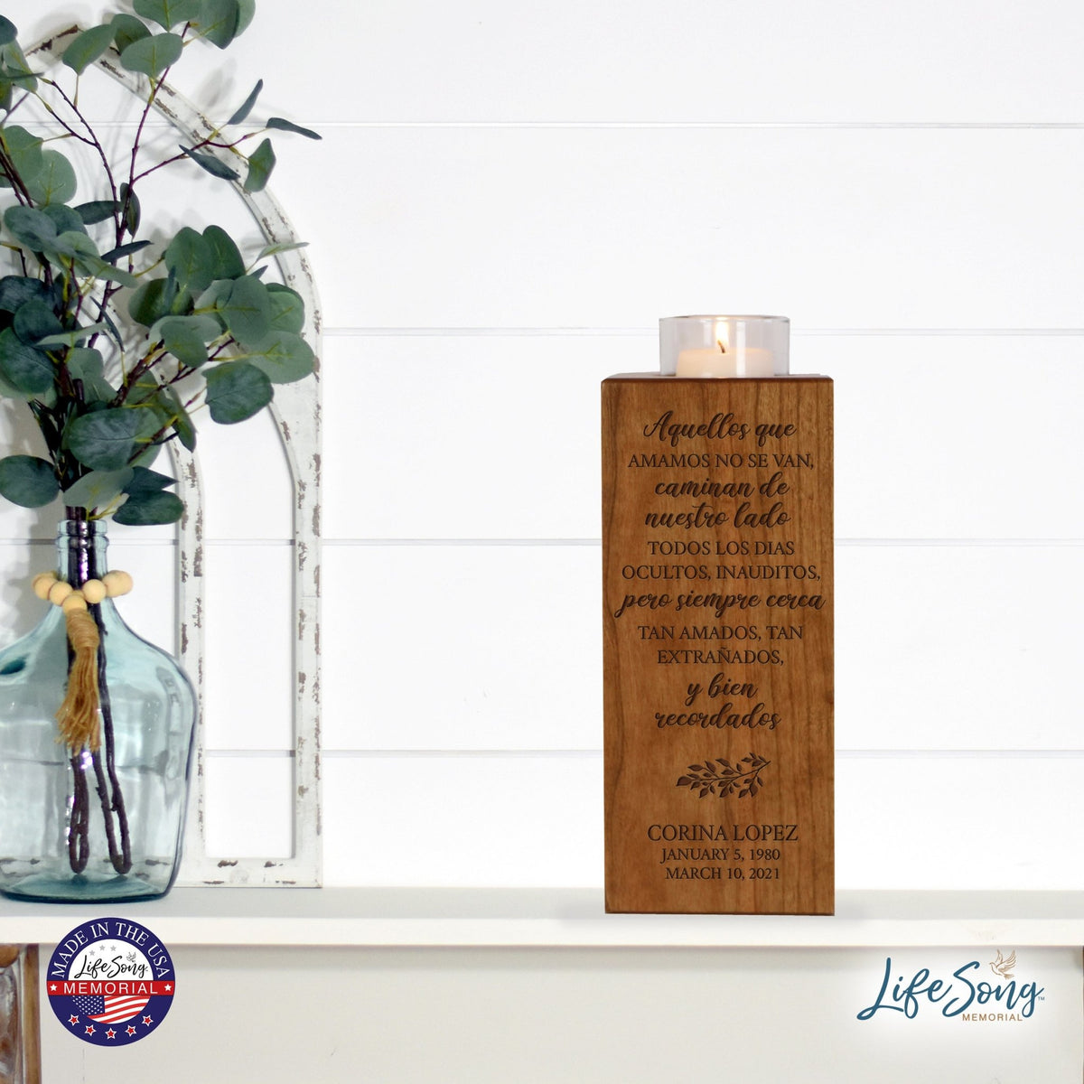Custom Engraved Memorial Square Vertical Single Votive Candle Holder and Urn 4.5x4.5 holds 70 cu in of ashes in Spanish Verse - LifeSong Milestones