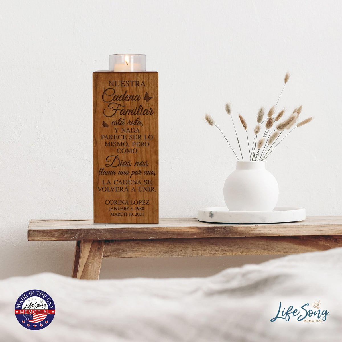Custom Engraved Memorial Square Vertical Single Votive Candle Holder and Urn 4.5x4.5 holds 70 cu in of ashes in Spanish Verse - LifeSong Milestones