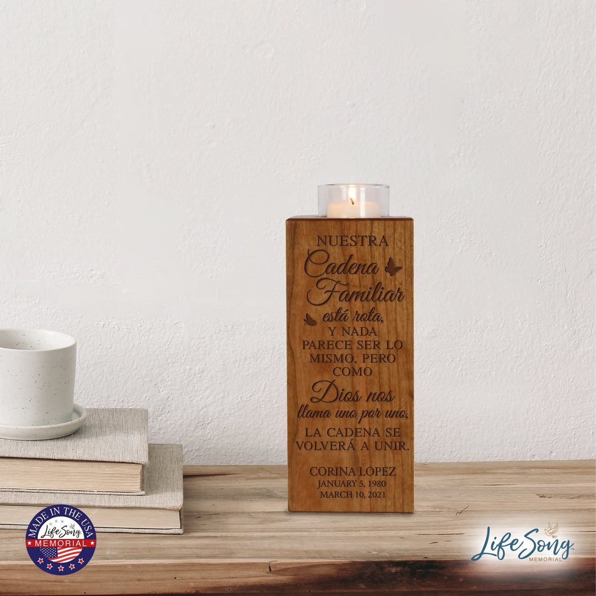 Custom Engraved Memorial Square Vertical Single Votive Candle Holder and Urn 4.5x4.5 holds 70 cu in of ashes in Spanish Verse - LifeSong Milestones