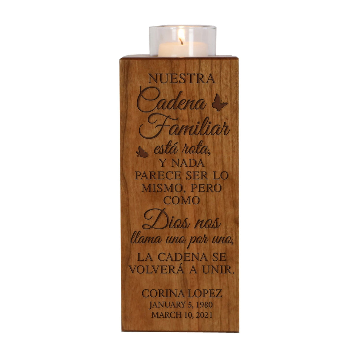 Custom Engraved Memorial Square Vertical Single Votive Candle Holder and Urn 4.5x4.5 holds 70 cu in of ashes in Spanish Verse - LifeSong Milestones