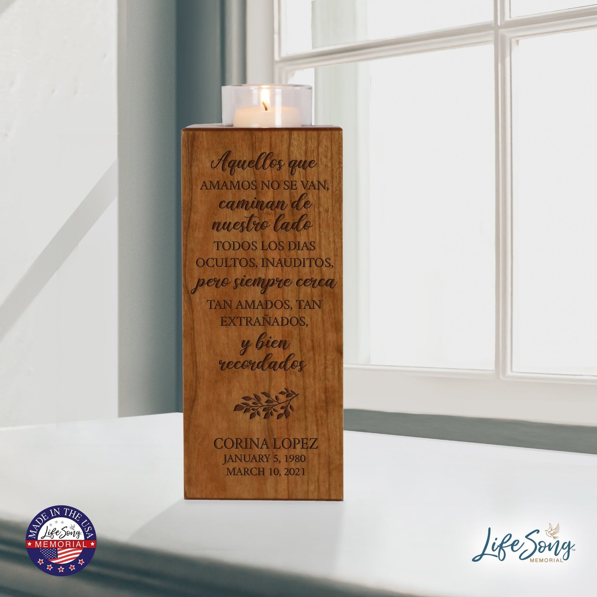 Custom Engraved Memorial Square Vertical Single Votive Candle Holder and Urn 4.5x4.5 holds 70 cu in of ashes in Spanish Verse - LifeSong Milestones