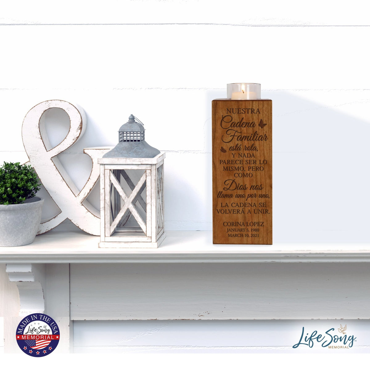 Custom Engraved Memorial Square Vertical Single Votive Candle Holder and Urn 4.5x4.5 holds 70 cu in of ashes in Spanish Verse - LifeSong Milestones