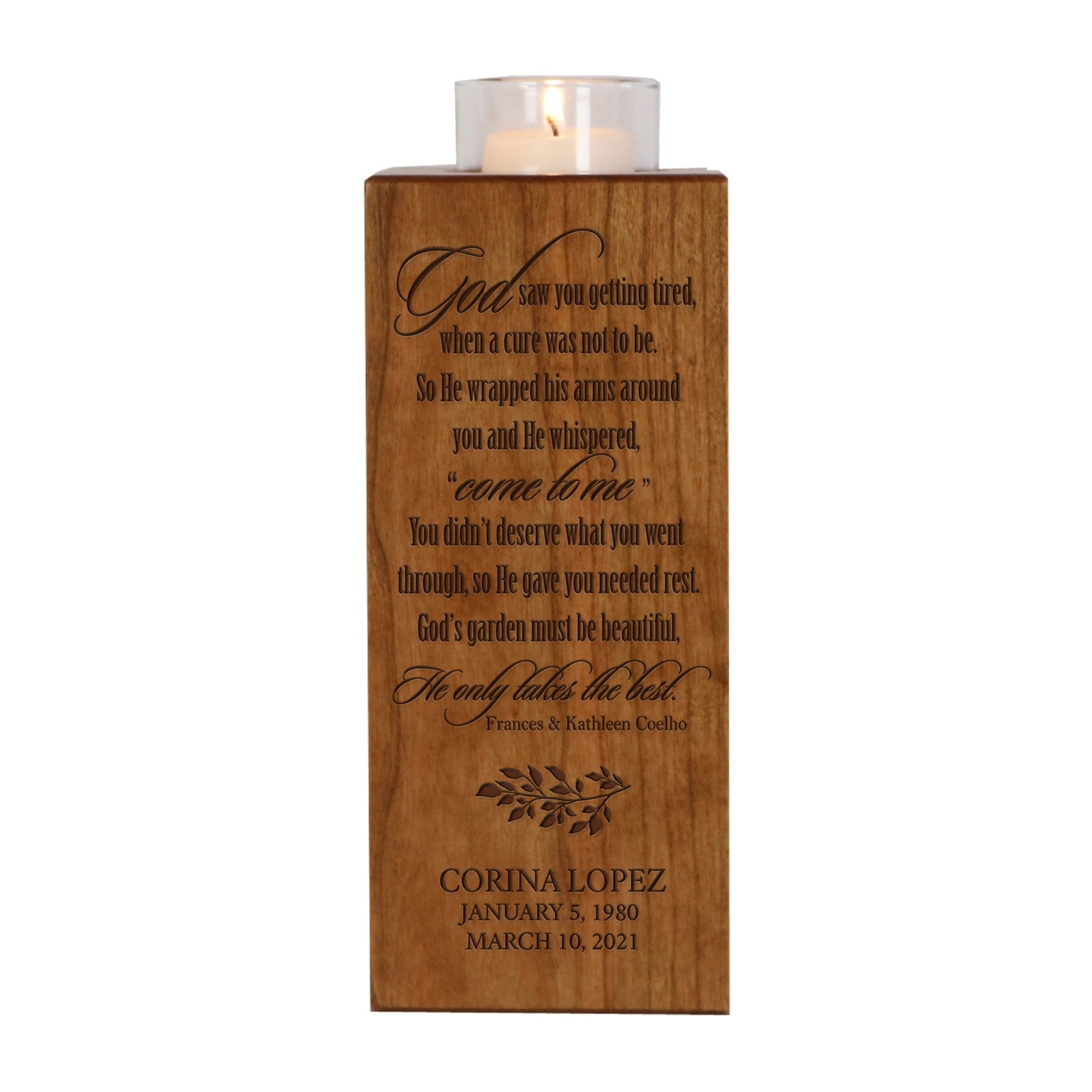 Custom Engraved Memorial Square Vertical Single Votive Candle Holder and Urn holds 70 cu in of ashes in English Verse (Butterfly) - LifeSong Milestones