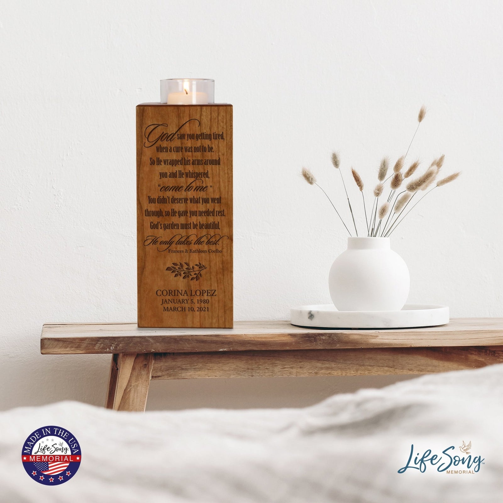 Custom Engraved Memorial Square Vertical Single Votive Candle Holder and Urn holds 70 cu in of ashes in English Verse (Butterfly) - LifeSong Milestones