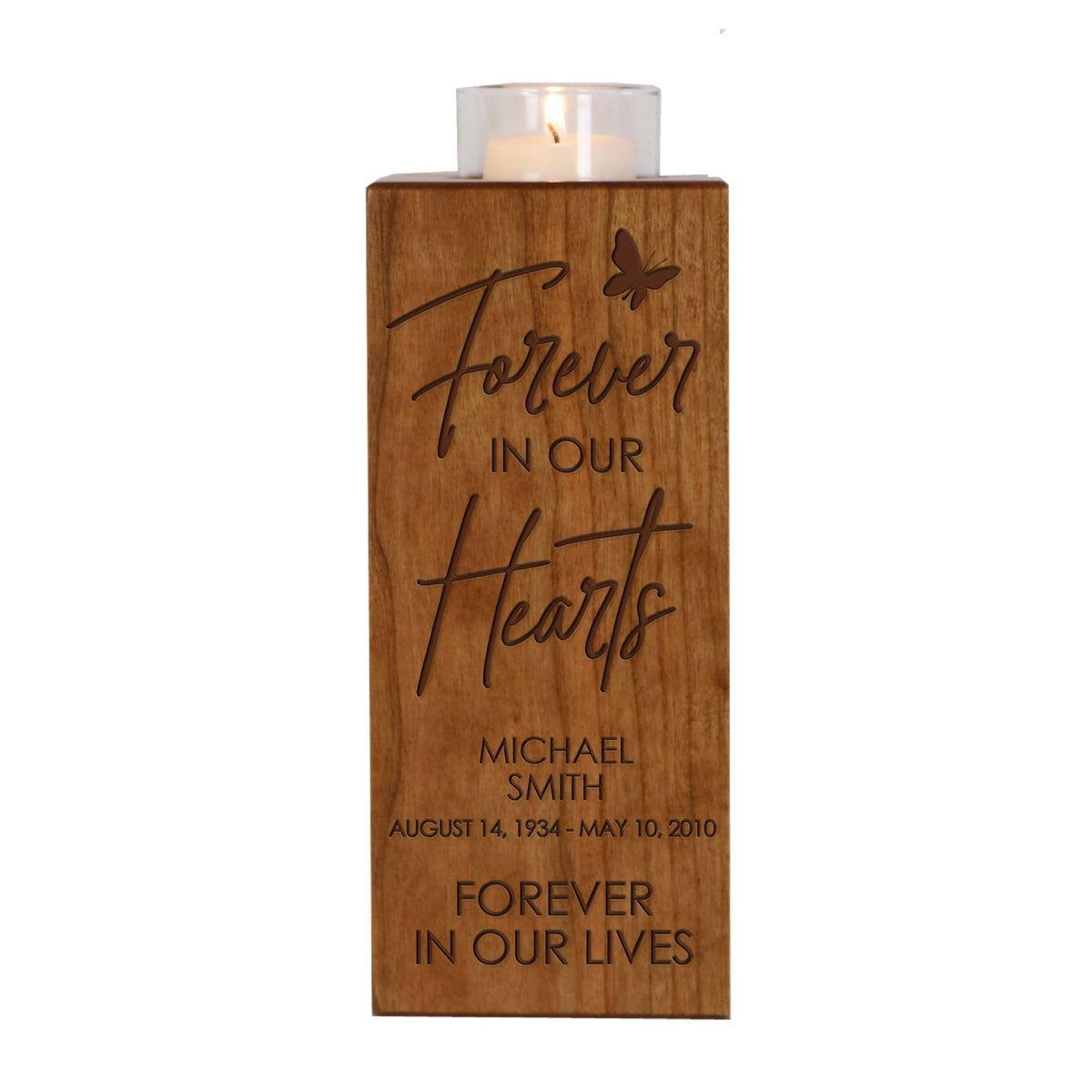 Custom Engraved Memorial Square Vertical Single Votive Candle Holder and Urn holds 70 cu in of ashes in English Verse (Butterfly) - LifeSong Milestones