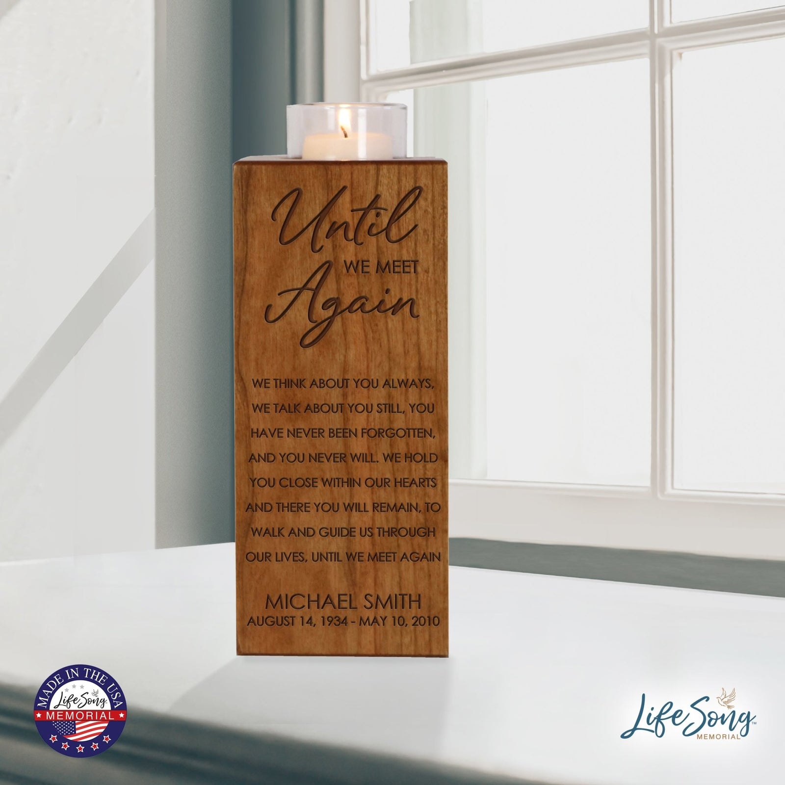 Custom Engraved Memorial Square Vertical Single Votive Candle Holder and Urn holds 70 cu in of ashes in English Verse (Butterfly) - LifeSong Milestones