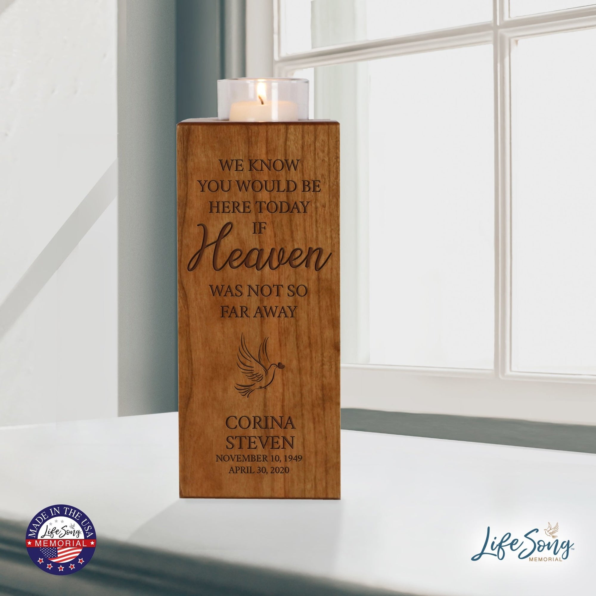 Custom Engraved Memorial Square Vertical Single Votive Candle Holder and Urn holds 70 cu in of ashes in English Verse (Butterfly) - LifeSong Milestones