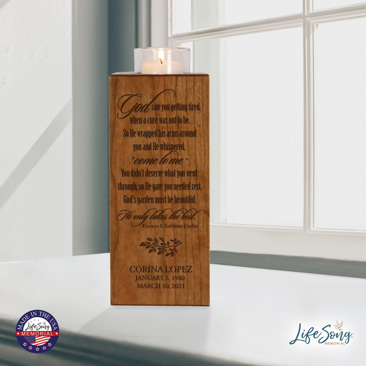 Custom Engraved Memorial Square Vertical Single Votive Candle Holder and Urn holds 70 cu in of ashes in English Verse (Butterfly) - LifeSong Milestones