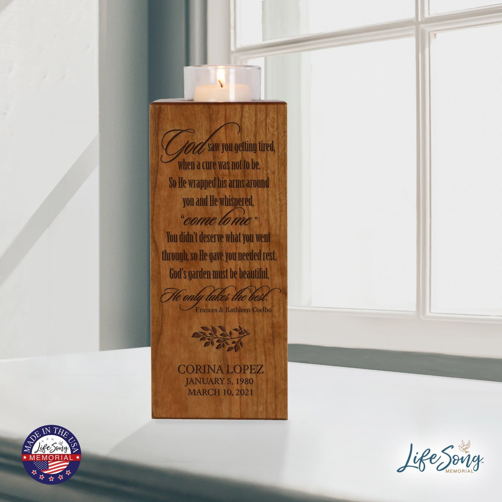 Custom Engraved Memorial Square Vertical Single Votive Candle Holder and Urn holds 70 cu in of ashes in English Verse (Butterfly) - LifeSong Milestones