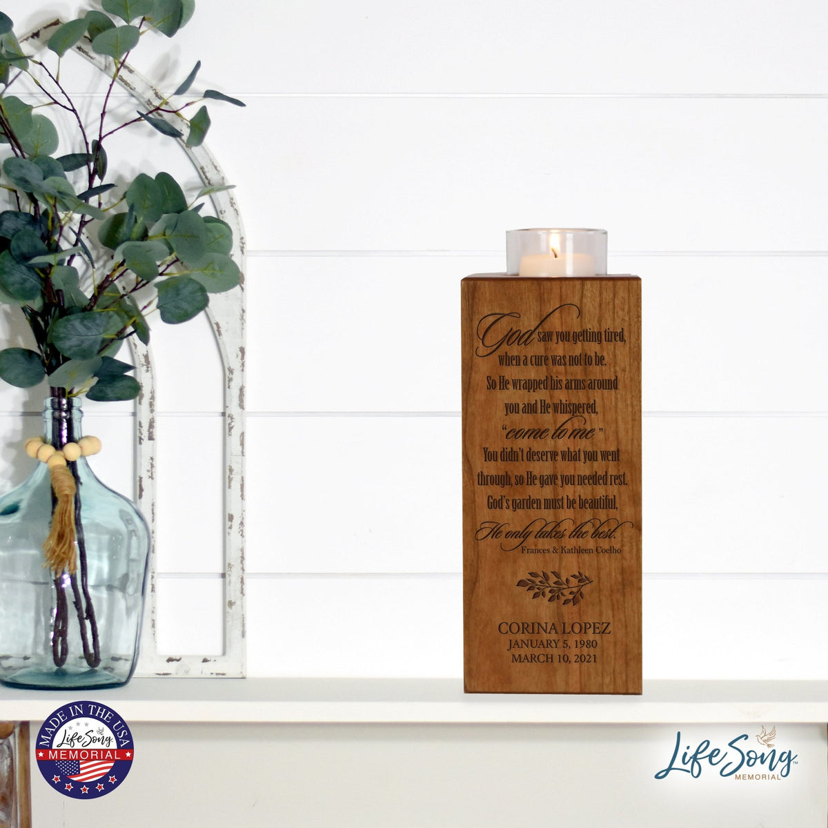 Custom Engraved Memorial Square Vertical Single Votive Candle Holder and Urn holds 70 cu in of ashes in English Verse (Butterfly) - LifeSong Milestones