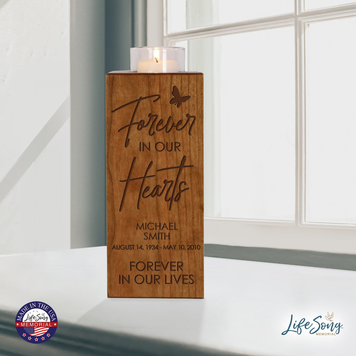 Custom Engraved Memorial Square Vertical Single Votive Candle Holder and Urn holds 70 cu in of ashes in English Verse (Butterfly) - LifeSong Milestones