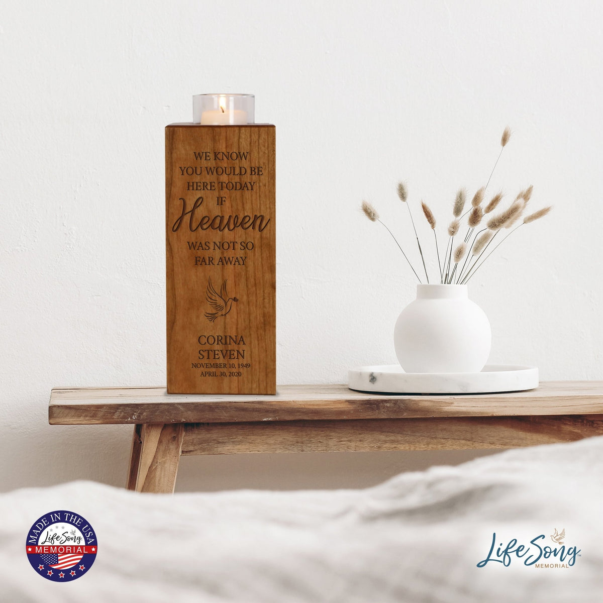 Custom Engraved Memorial Square Vertical Single Votive Candle Holder and Urn holds 70 cu in of ashes in English Verse (Butterfly) - LifeSong Milestones