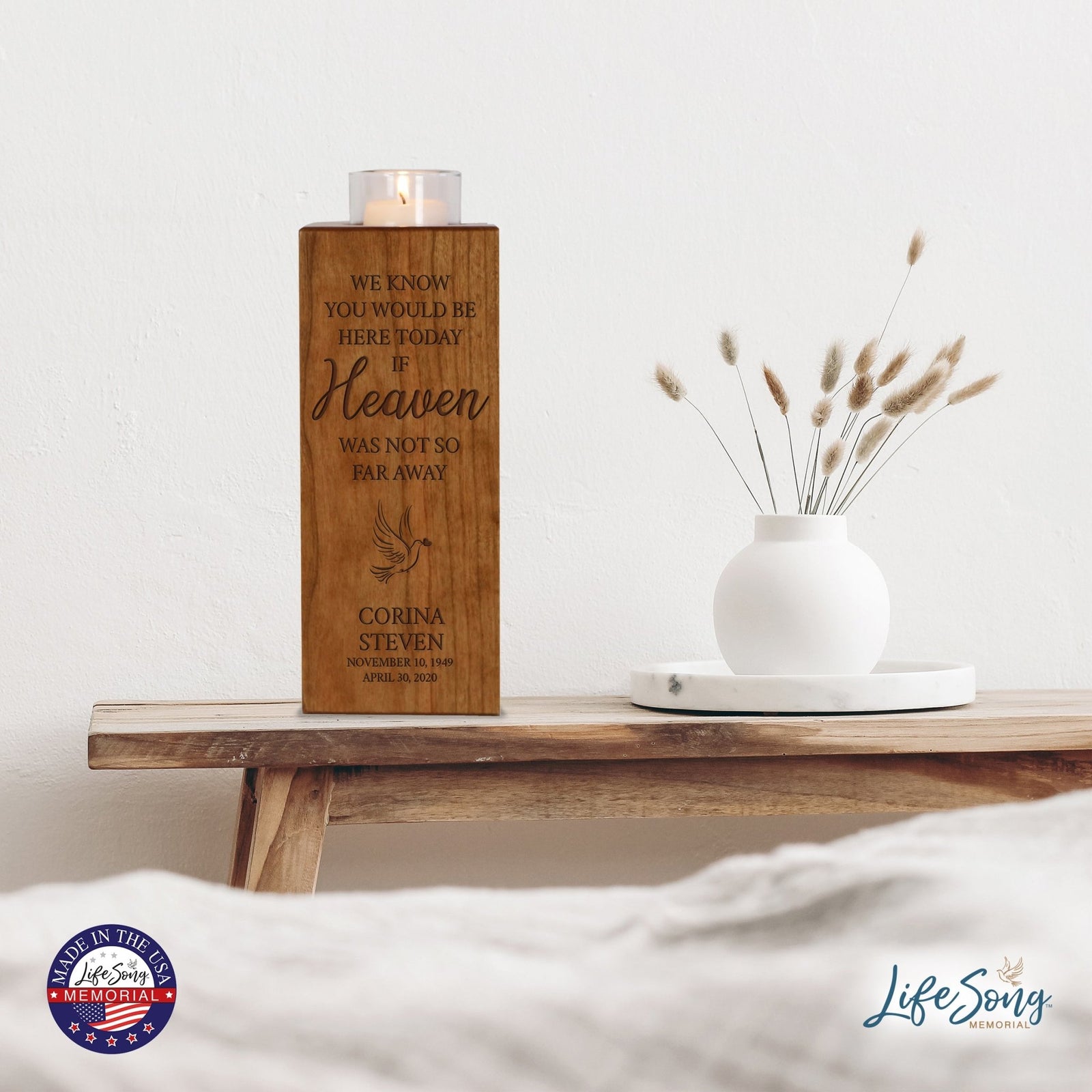 Custom Engraved Memorial Square Vertical Single Votive Candle Holder and Urn holds 70 cu in of ashes in English Verse (Butterfly) - LifeSong Milestones