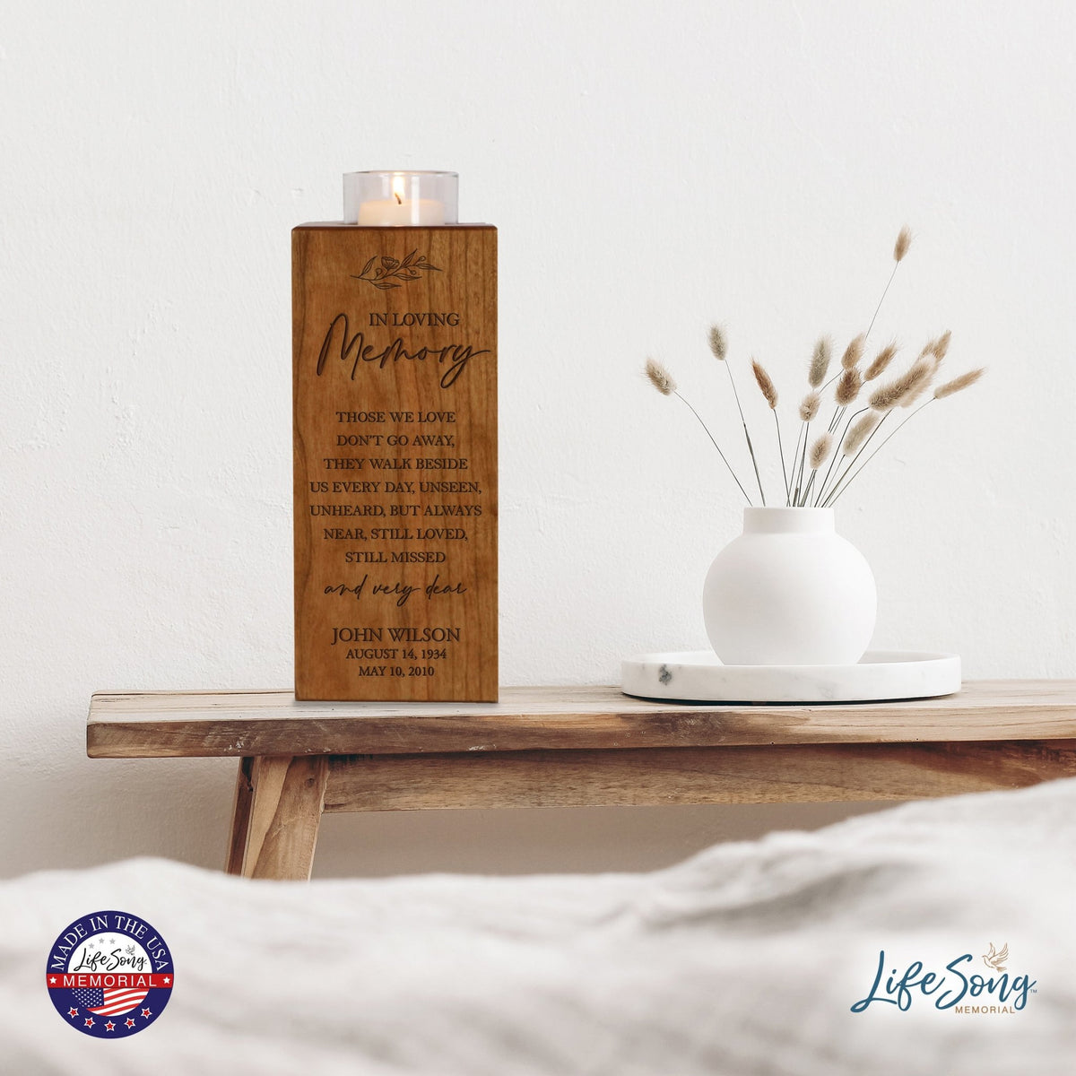 Custom Engraved Memorial Square Vertical Single Votive Candle Holder and Urn holds 70 cu in of ashes in English Verse (Dad) - LifeSong Milestones