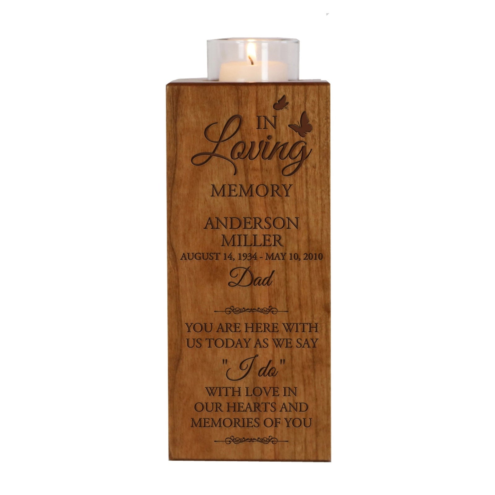 Custom Engraved Memorial Square Vertical Single Votive Candle Holder and Urn holds 70 cu in of ashes in English Verse (Dad) - LifeSong Milestones