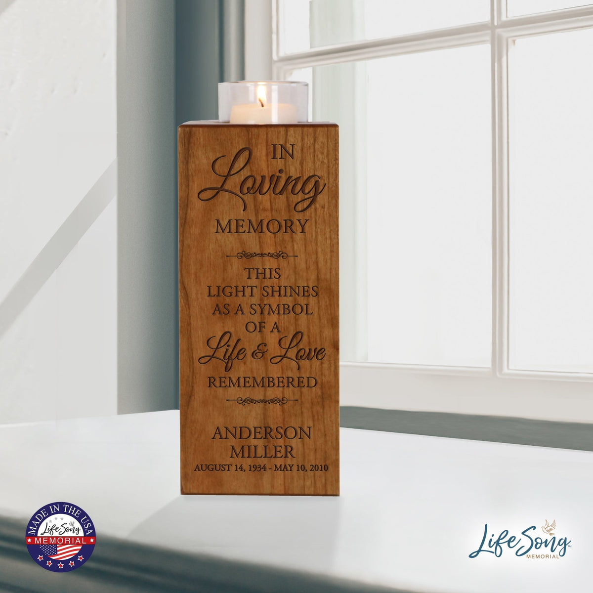 Custom Engraved Memorial Square Vertical Single Votive Candle Holder and Urn holds 70 cu in of ashes in English Verse (Dad) - LifeSong Milestones