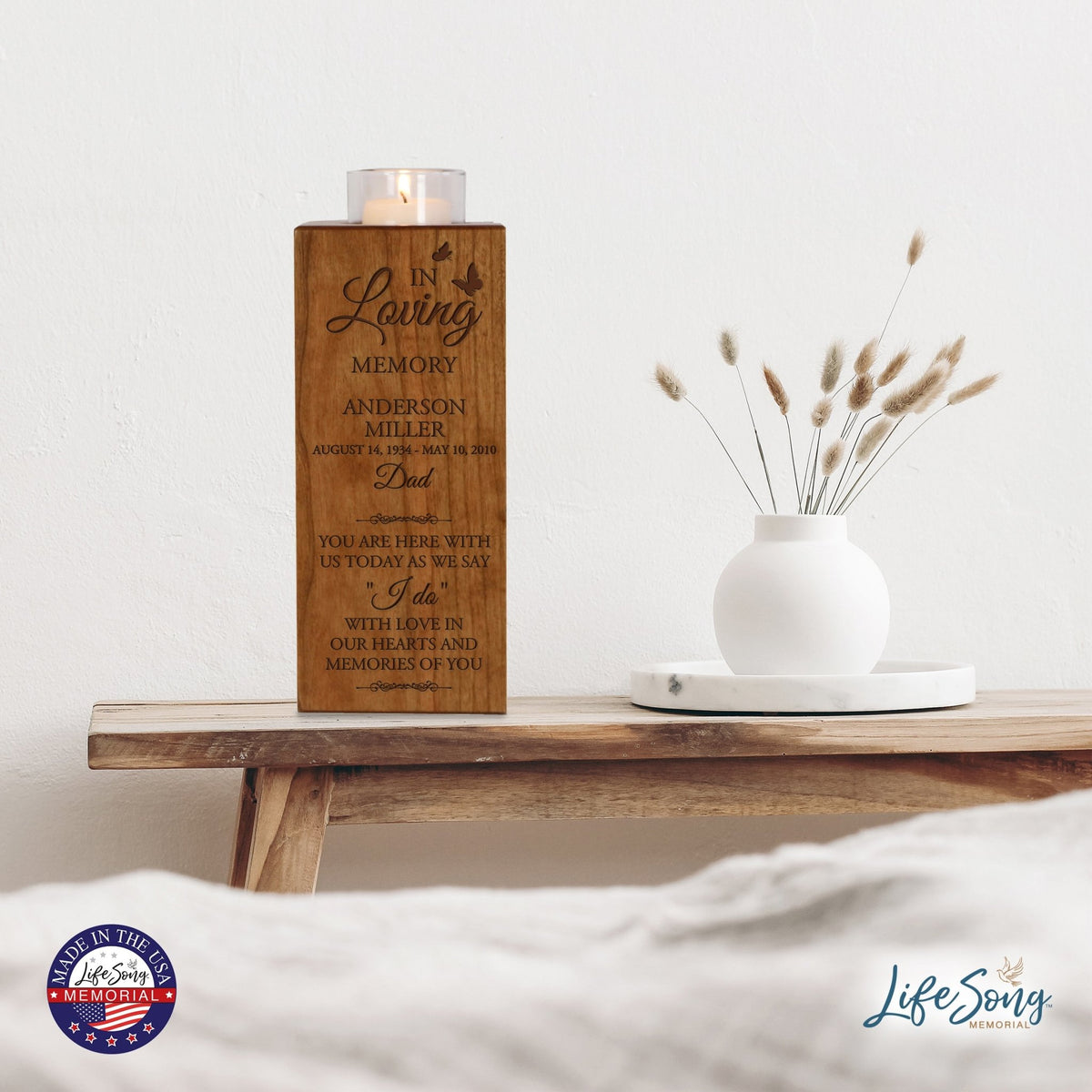 Custom Engraved Memorial Square Vertical Single Votive Candle Holder and Urn holds 70 cu in of ashes in English Verse (Dad) - LifeSong Milestones