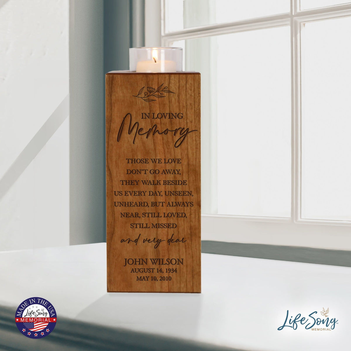 Custom Engraved Memorial Square Vertical Single Votive Candle Holder and Urn holds 70 cu in of ashes in English Verse (Dad) - LifeSong Milestones