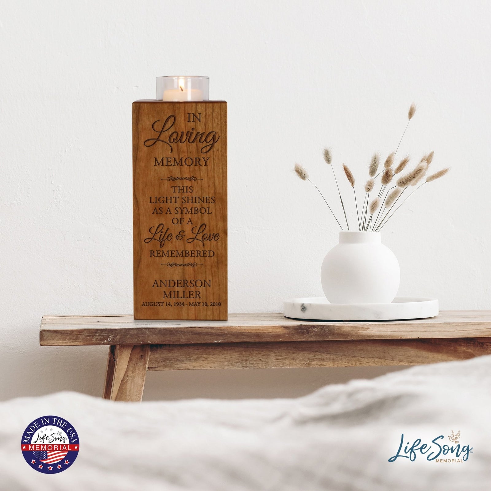 Custom Engraved Memorial Square Vertical Single Votive Candle Holder and Urn holds 70 cu in of ashes in English Verse (Dad) - LifeSong Milestones