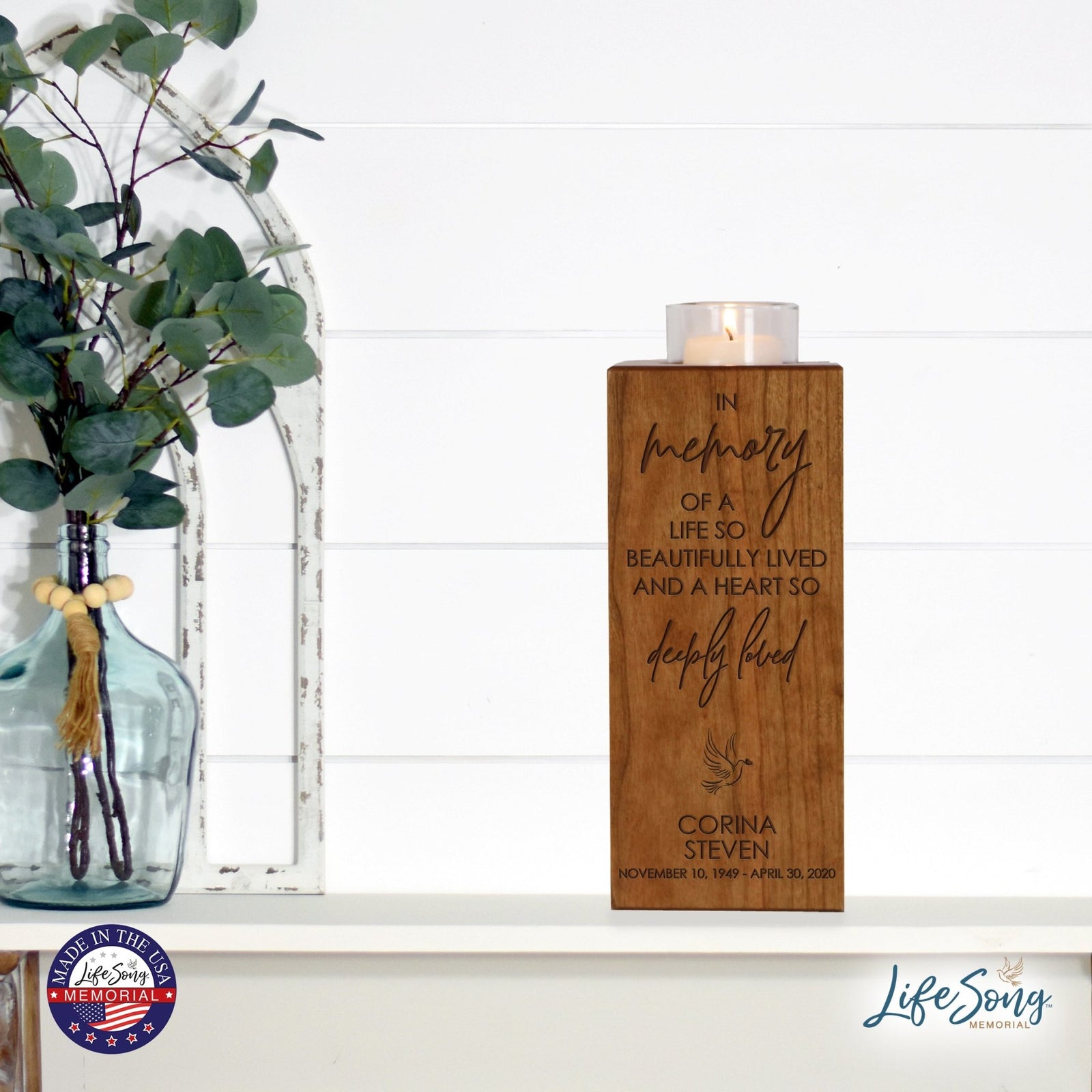 Custom Engraved Memorial Square Vertical Single Votive Candle Holder and Urn holds 70 cu in of ashes in English Verse (Family) - LifeSong Milestones