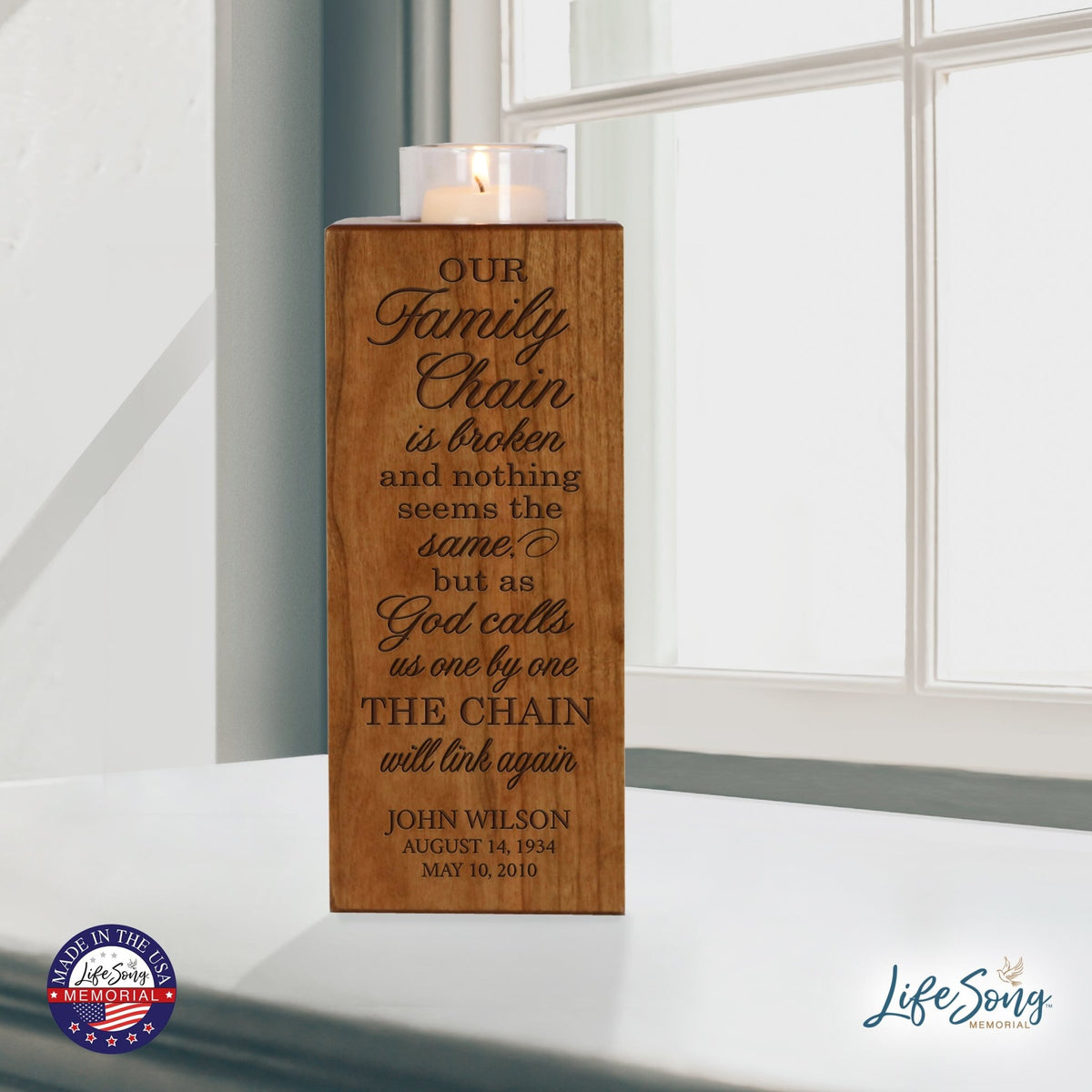 Custom Engraved Memorial Square Vertical Single Votive Candle Holder and Urn holds 70 cu in of ashes in English Verse (Family) - LifeSong Milestones