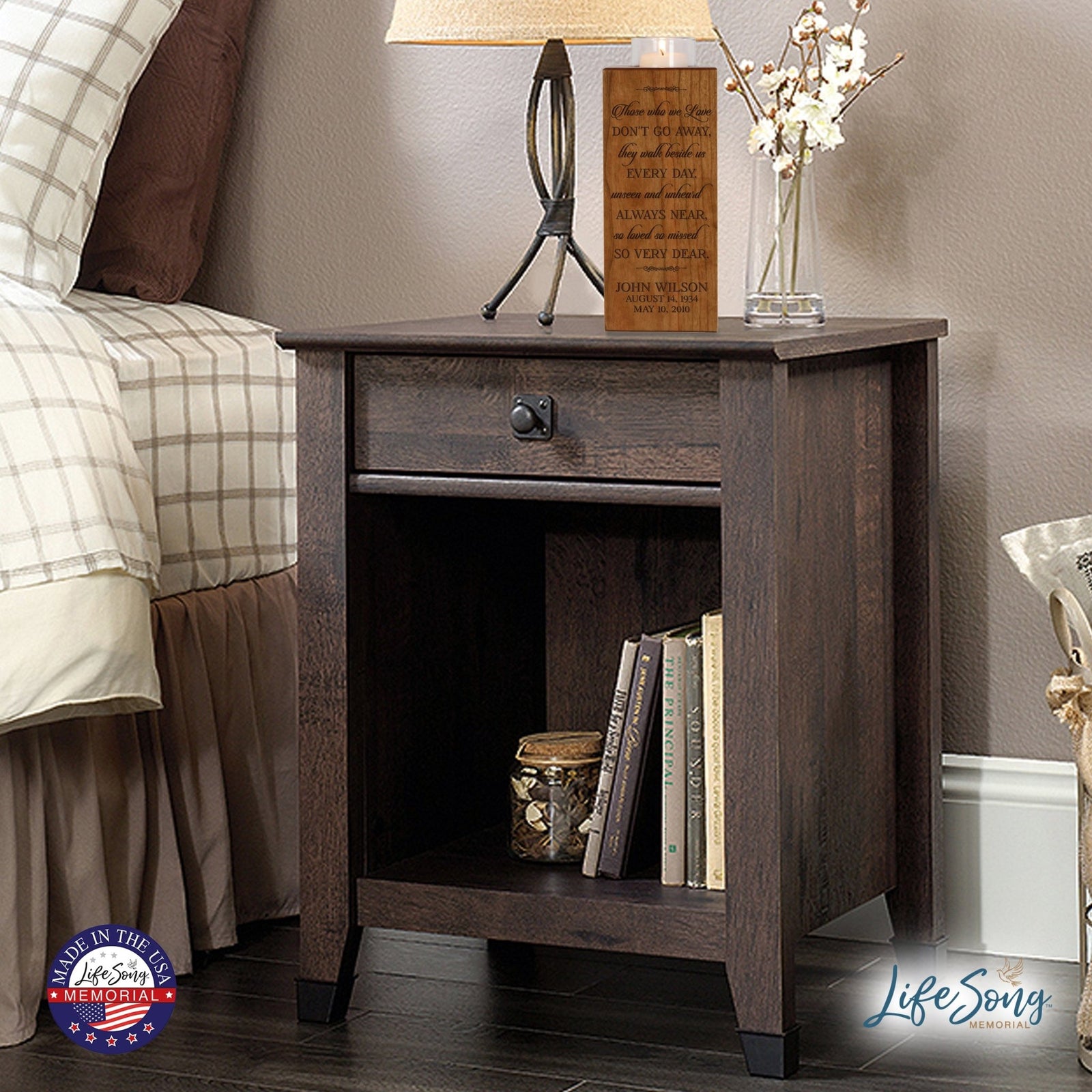 Custom Engraved Memorial Square Vertical Single Votive Candle Holder and Urn holds 70 cu in of ashes in English Verse (Family) - LifeSong Milestones