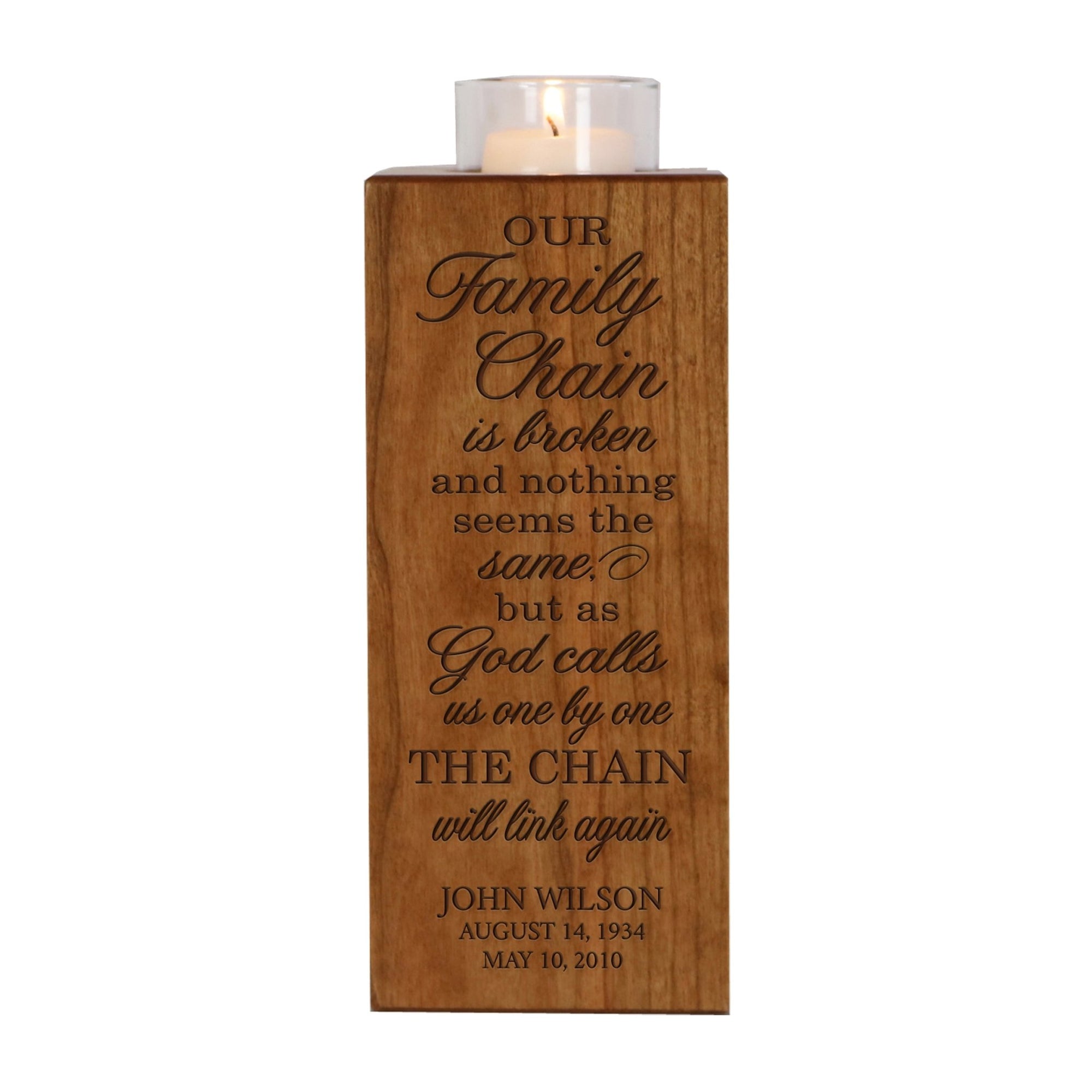 Custom Engraved Memorial Square Vertical Single Votive Candle Holder and Urn holds 70 cu in of ashes in English Verse (Family) - LifeSong Milestones
