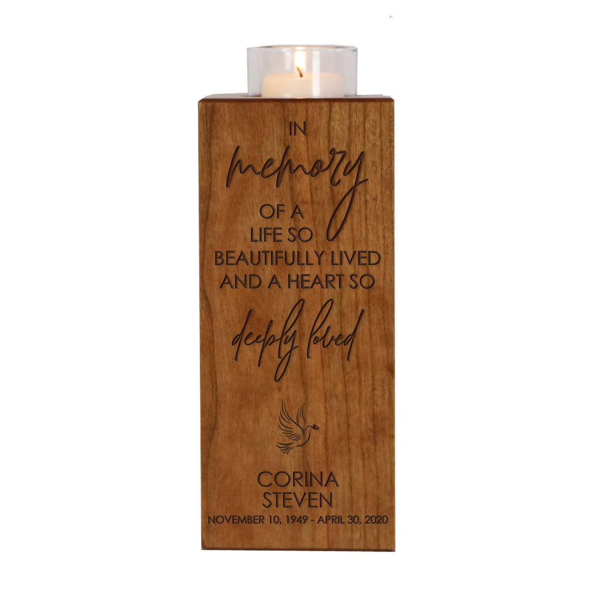 Custom Engraved Memorial Square Vertical Single Votive Candle Holder and Urn holds 70 cu in of ashes in English Verse (Family) - LifeSong Milestones